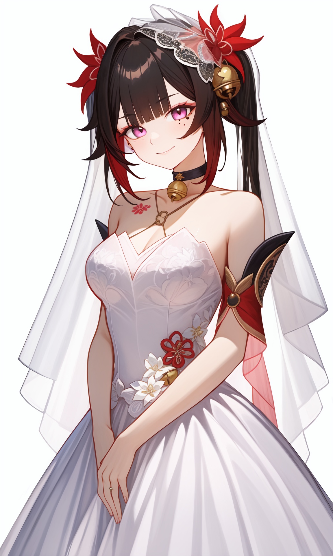 <lora:花火v2:1:lbw=char>,1girl,huahuo,twintails,bare shoulders,jingle bell,choker,tattoo,evil smile,mole under eye,wicked smile,wedding dress,bridal veil,<lora:nai3画风bysdlion-000035:1:lbw=OUTALL>,, (masterpiece,best quality,high quality:1.2),absurdres,