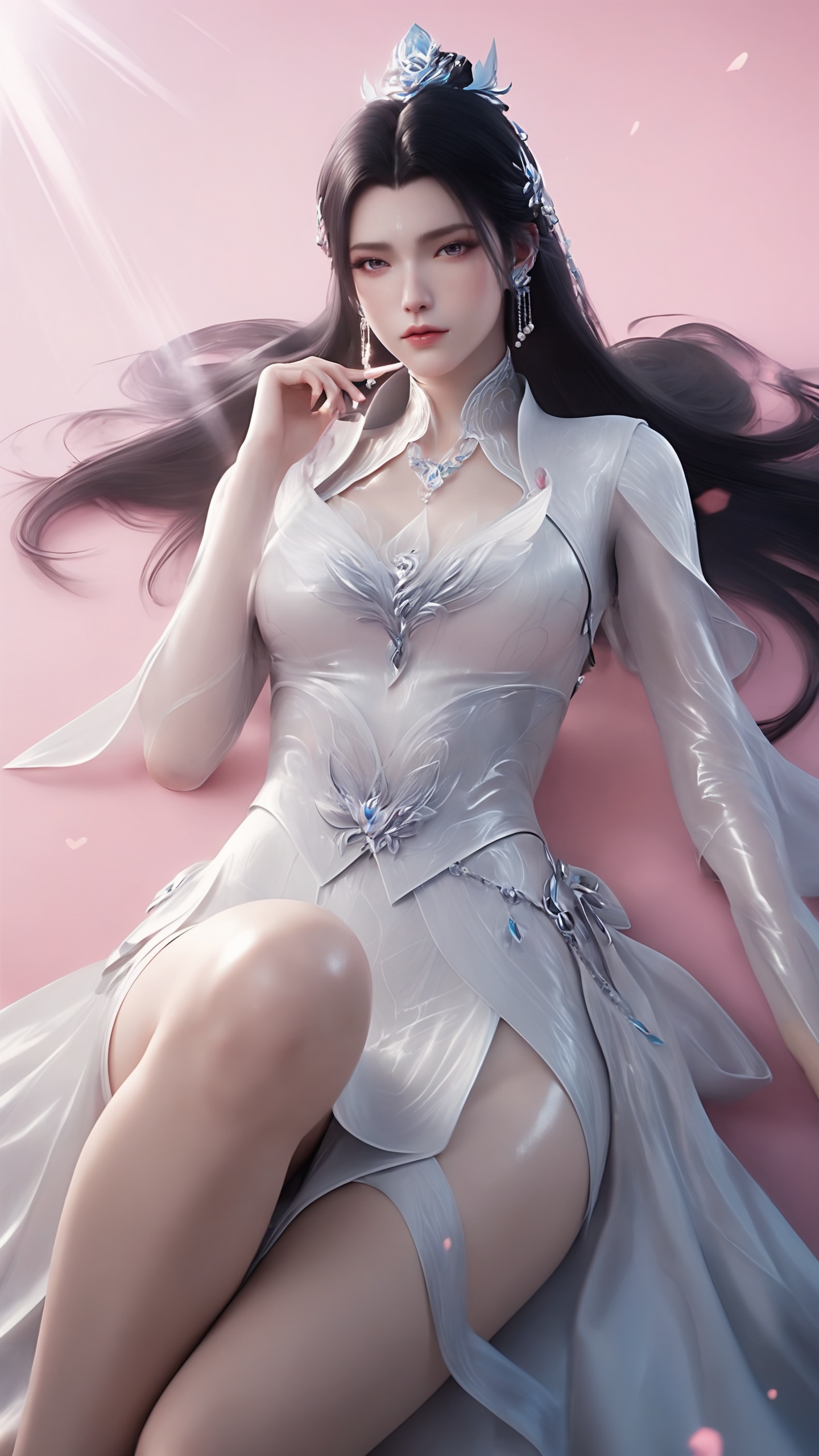 score_9,score_8_up,score_7_up,<lora:陆雪琪-吐司:0.8>,<lora:Pony_DetailV2.0:0.8>,<lora:皮肤凹痕:0.4>,1 girl,solo,long hair,black hair,hair accessories,dress,jewelry,earrings,indoor,white dress,simple background,front view,silver point-toe pumps,long legs,shiny_skin,oil,on back,posing,pink gradient background,Jlxq,there are pink magic rays around,