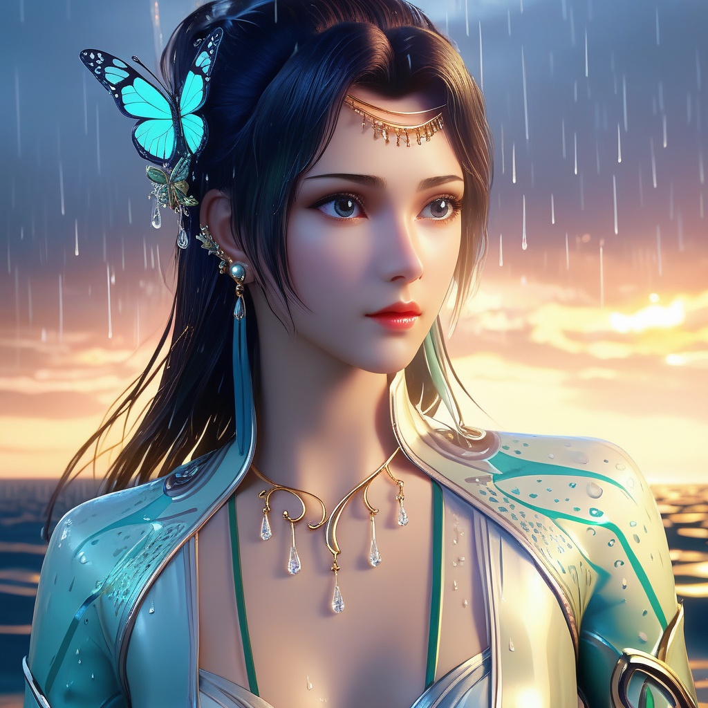 <lora:786-DA-XL-斗破苍穹-云韵-绿服:0.8>, (,1girl, ,best quality, ),looking at viewer, ,ultra detailed 8k cg,   ,masterpiece((((1girl, solo,  , ,solo focus, wet,sweat, ocean,rain, water drop, )))) (, , sweatdrop, flying sweatdrops, sweating profusely,colorful drop \(module\), )   clean, masterpiece,     cinematic lighting, cinematic bloom,   , unreal, science fiction, luxury, jewelry, diamond, gold, pearl, gem, sapphire, ruby, emerald, intricate detail, delicate pattern, charming, alluring, seductive, erotic, enchanting, hair ornament, necklace, earrings, bracelet, armlet,halo,butterfly,