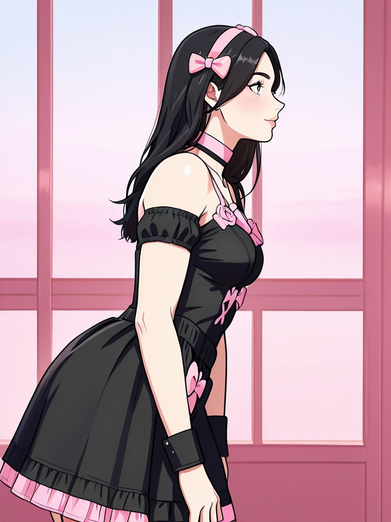 pinkandblackdresswithbows,  side view a beautiful young blackhair woman with deep hazel eyes wearing a sexy black dress wi...