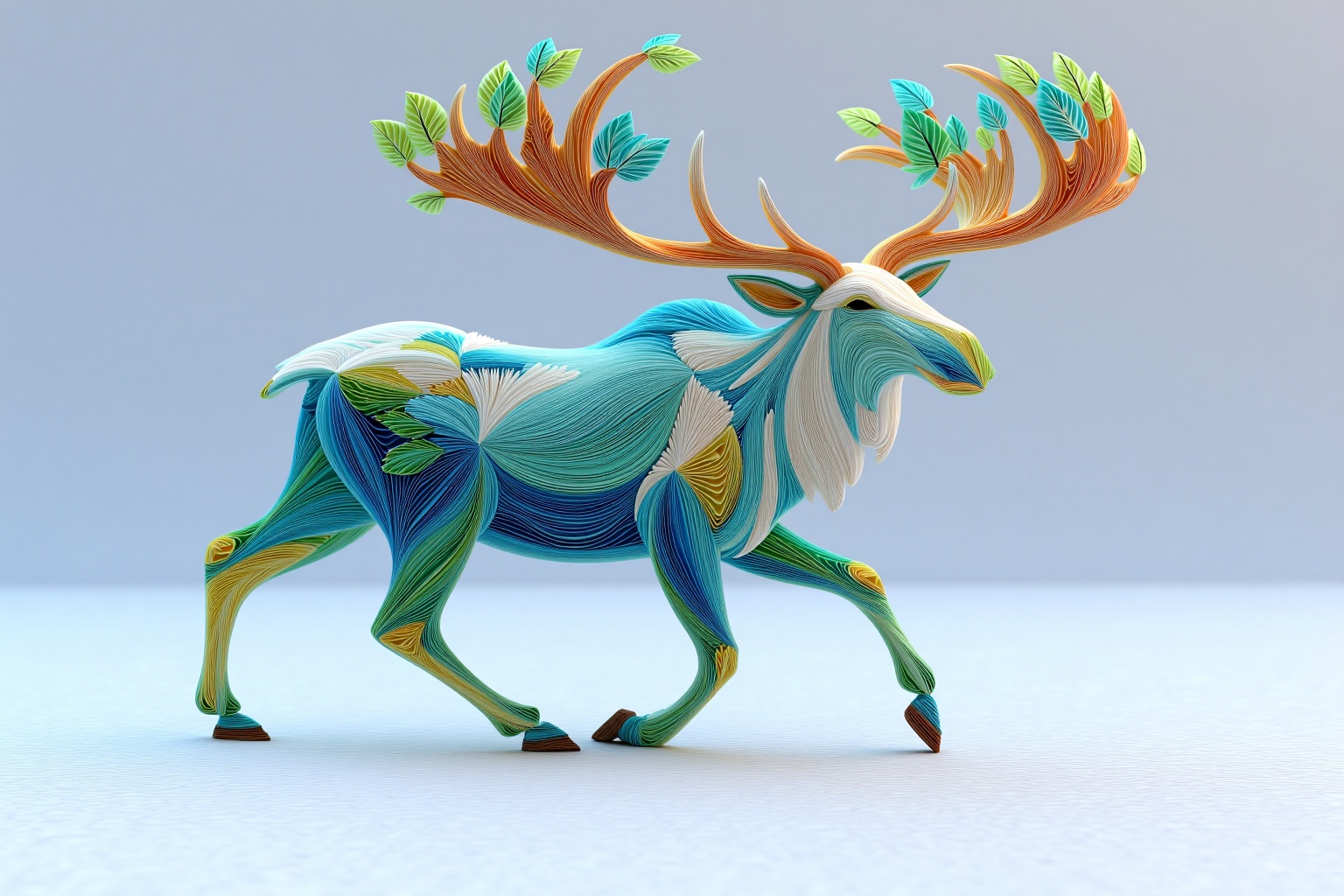 beijihui,Captured in a 3D perspective,a medium-sized moose stands on a white surface. The moose is adorned with a vibrant array of colors,including blue,green,yellow,orange,and white. Its horns are adorned with green leaves,adding a touch of nature to the scene. The background is blurred,creating a stark contrast to the moose's body.,