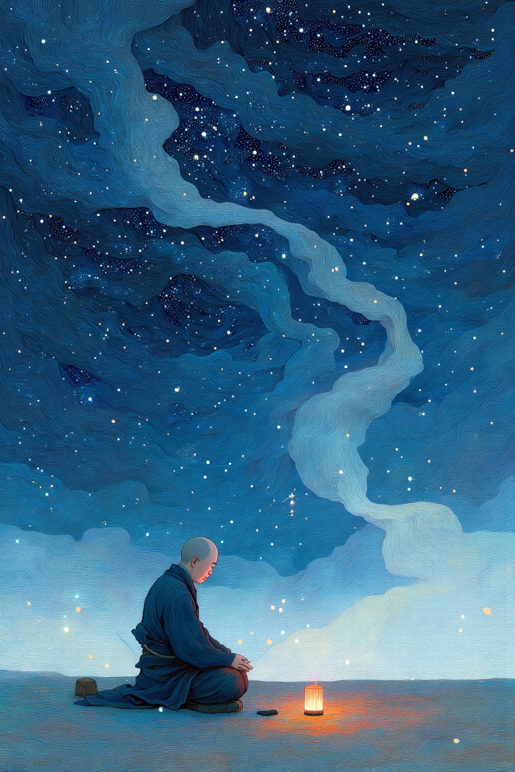 beijihui,a lone monk meditating under a vast starry sky, flowing robes blending with the mist, fine line art, serene zen atmosphere