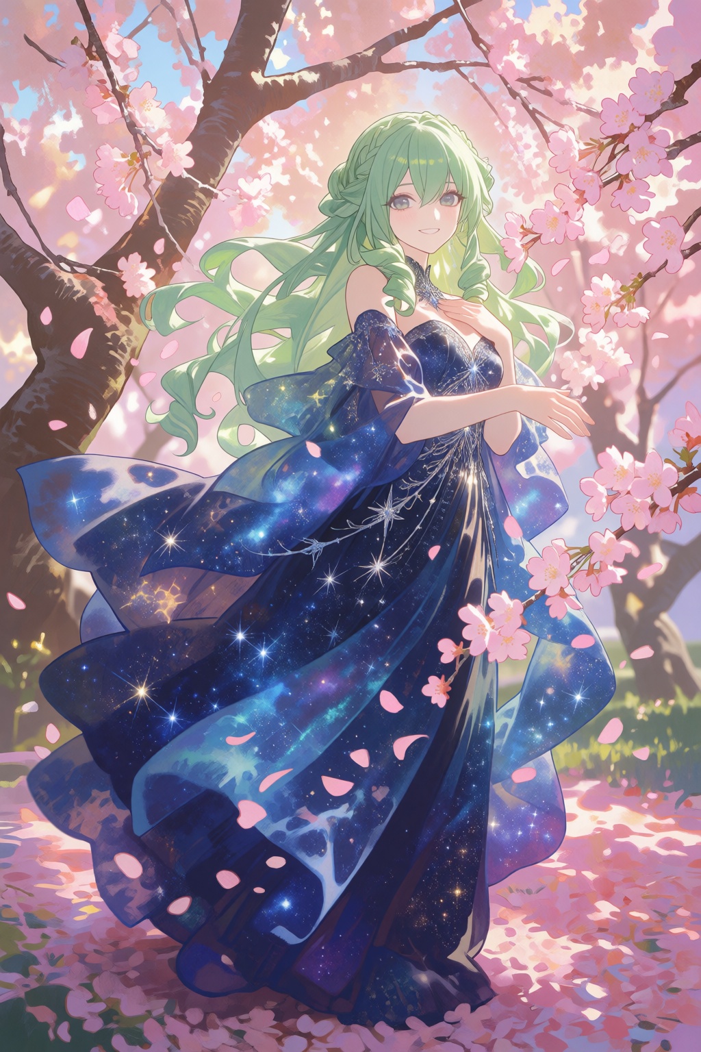 A breathtaking and poetic fantasy anime illustration of a beautiful princess bathed in a cascading shower of delicate cher...