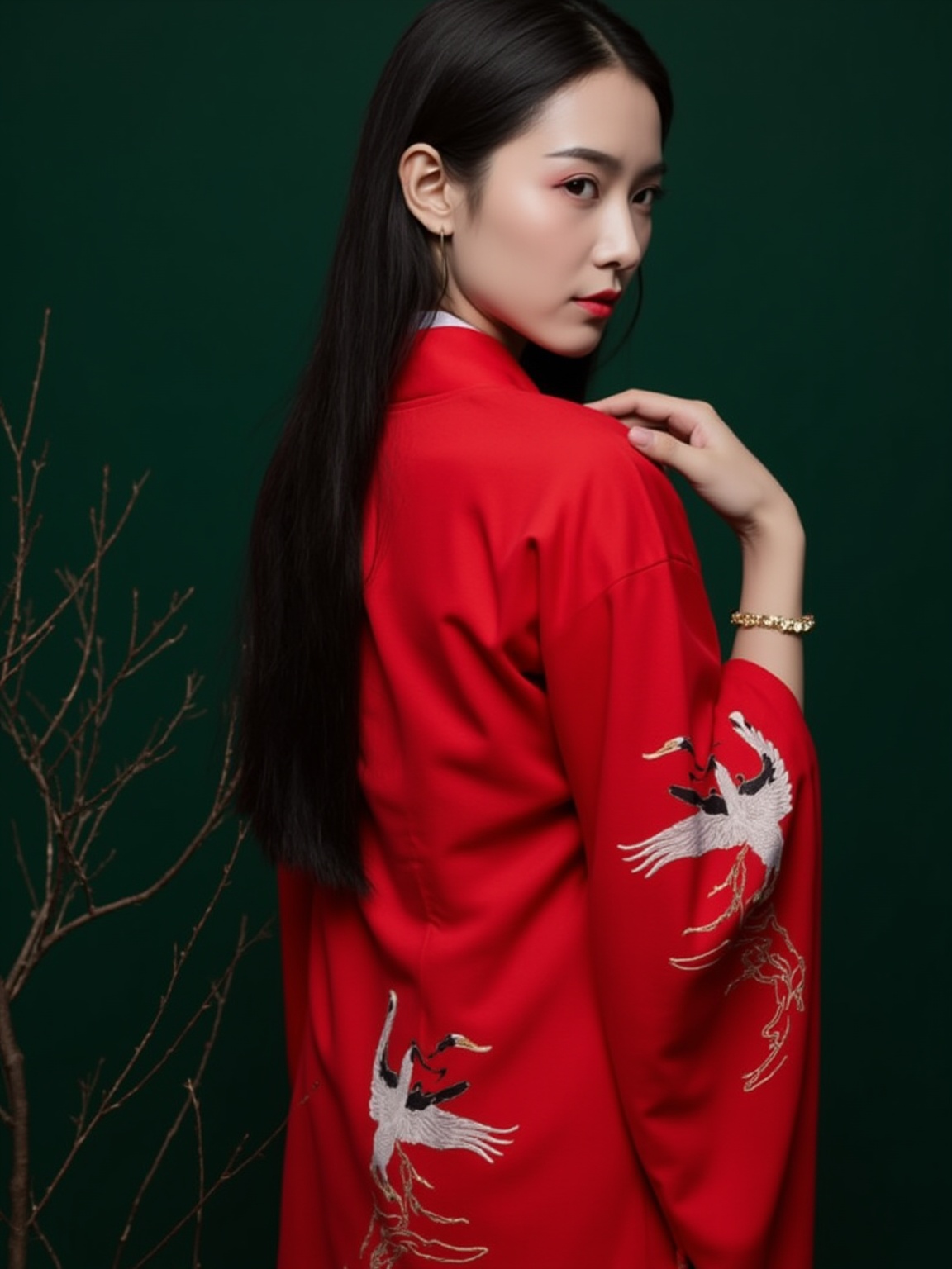 This is a highly stylized photograph of a young Asian woman standing against a dark green background. She is dressed in a traditional Japanese kimono, which is a vibrant, deep red color with intricate white and gold embroidery depicting cranes and flowing water patterns. The kimono is open at the front, revealing a glimpse of her pale skin and a delicate gold necklace. Her long, straight black hair cascades down her back, with a few strands framing her face. She has a serene expression with her eyes gazing slightly downwards and her lips slightly parted. Her right hand is delicately placed near her face, while her left hand is slightly bent at the elbow, resting near her waist. The texture of the kimono appears to be smooth and luxurious, with a slight sheen, and the fabric drapes elegantly around her body. In the background, there is a small, bare branch with delicate twigs, adding a touch of natural contrast to the scene. The overall composition emphasizes the woman's grace and elegance, with the rich colors and textures of the kimono and the minimalistic setting highlighting her as the focal point.