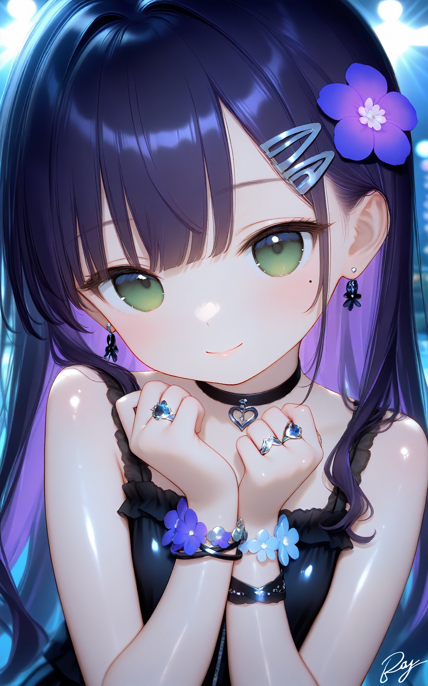 masterpiece,best quality,high quality,loli,chromatic_aberration,Light Blue Theme,//,1girl,jewelry,flower,solo,earrings,green eyes,mole under eye,looking at viewer,choker,hair ornament,purple hair,mole,ring,smile,black choker,long hair,closed mouth,bracelet,hairclip,multicolored hair,upper body,purple flower,signature,bare shoulders,hands up,heart,black hair,//,year_2023,year_2024,//,official art,depth of field,detailed light,blurry background,cinematic lighting,ray tracing,amazing quality,very aesthetic,backlighting,photo background,chromatic aberration,volumetric lighting,depth of field,blurry background,shiny skin,cinematic lighting,day,very aesthetic,