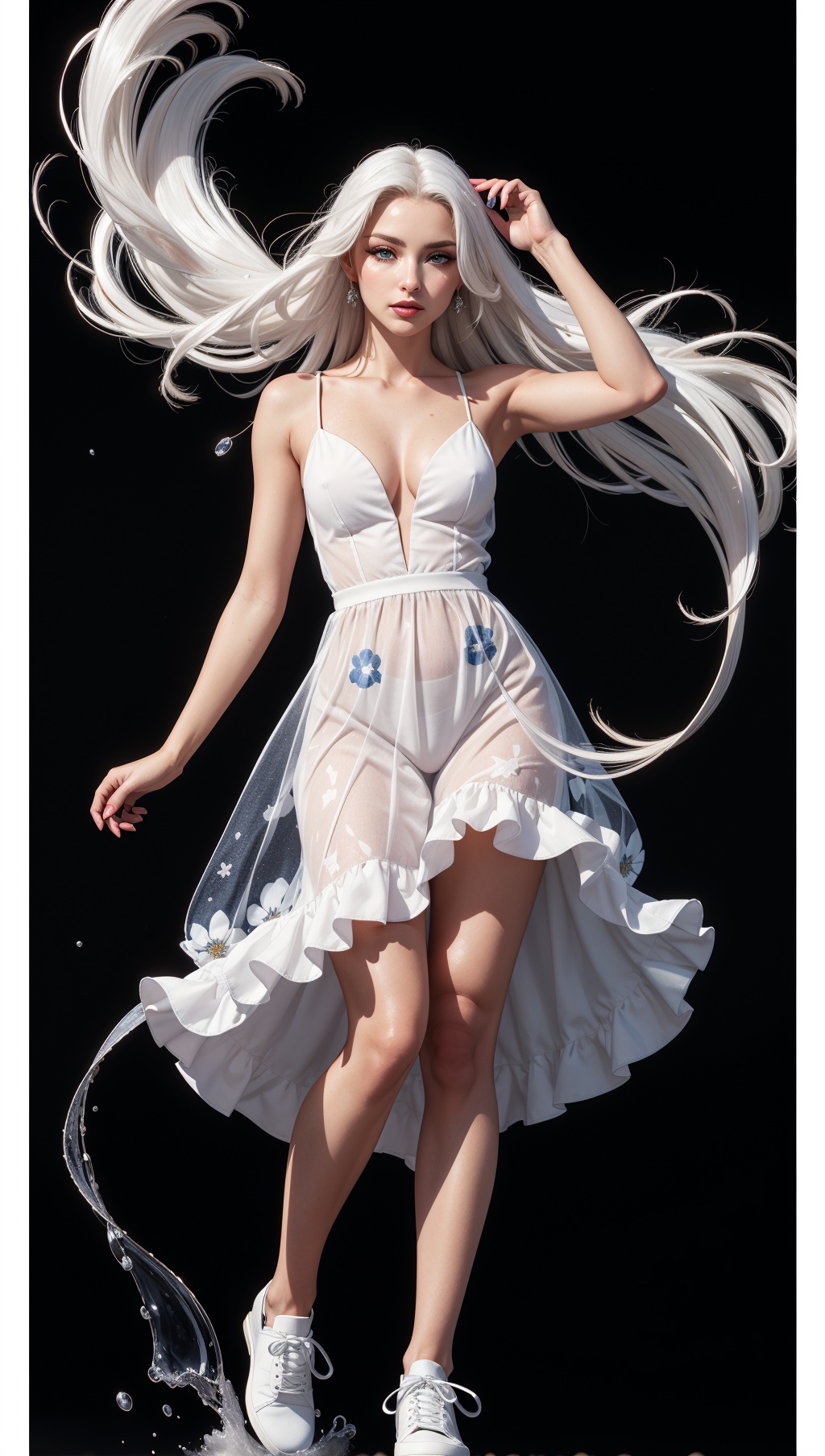 a woman with white hair and blue eyes,  in a white dress with a black background and a splashs of paint all over,  Celesti...