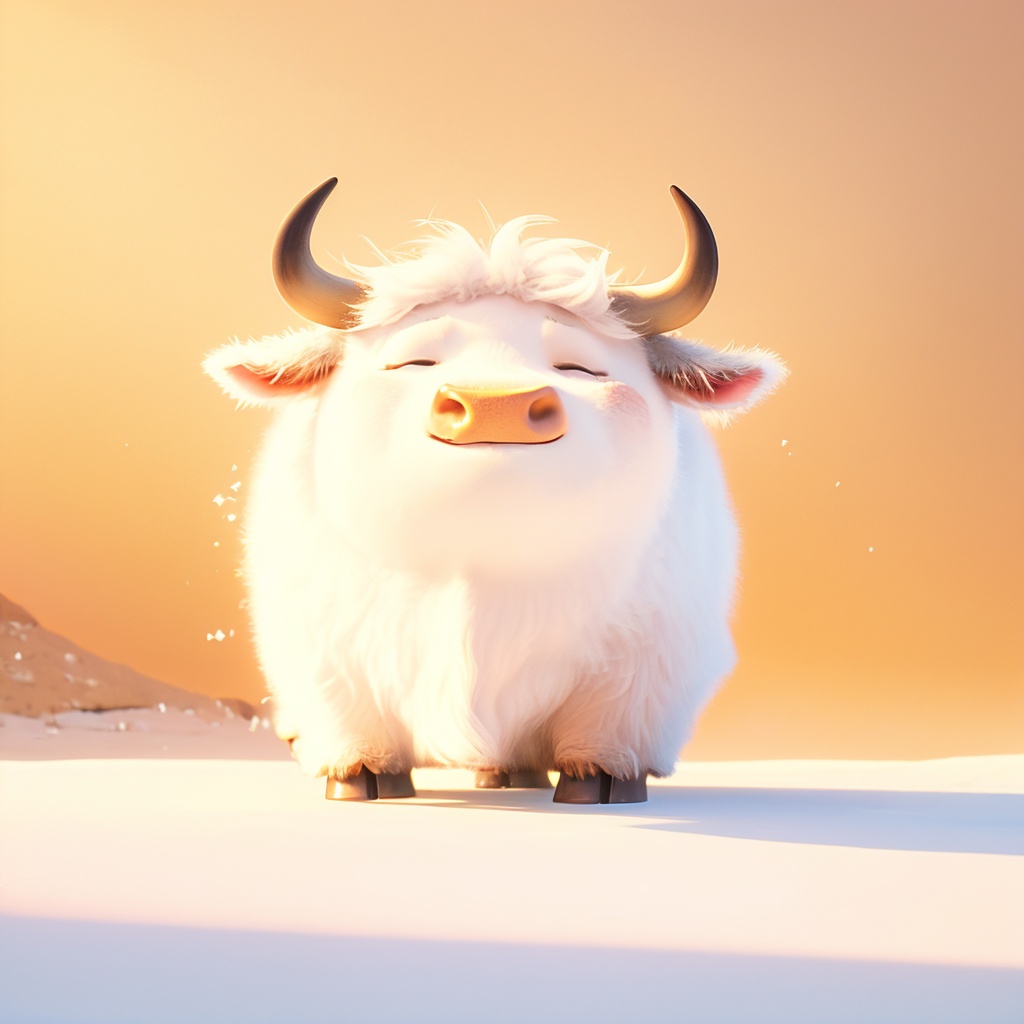 chouniu,cow,soft lighting,^ ^,cc-color-correction,whimsy and dramatic lighting,white fur,warm colors,mf-movie-filter,cute,no humans,solo,closed eyes,fluffy,full body,cow focus,horns,cow tail,standing,orange background,facing viewer,closed mouth,tail,cow horns,simple background,<lora:chouniu_rev:0.8>,