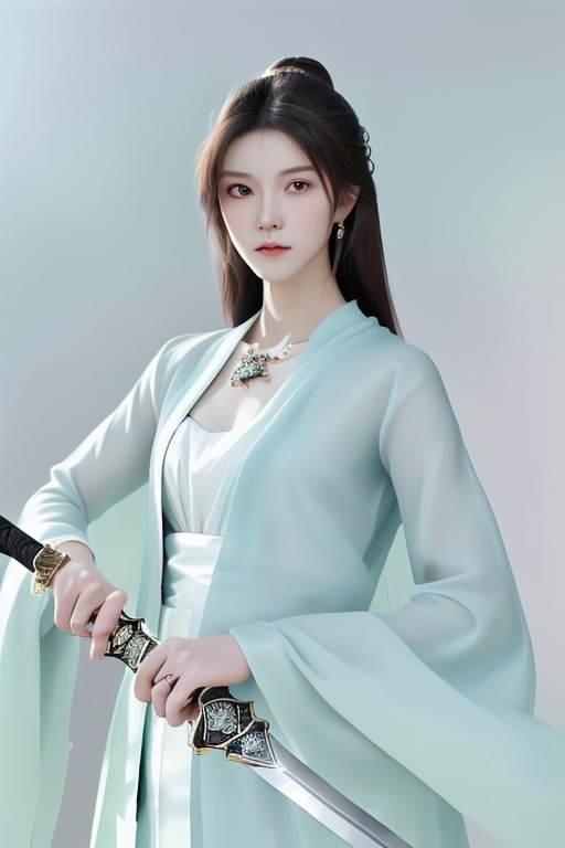 (Best quality, masterpiece:1.2),ultra fine,realistic textures and details,(extremely detailed skin and clothing textures, exquisite jewelry and sword details),sword wielding girl,heroic and charming,firm eyes,graceful posture,gorgeous ancient style clothing,flowing long hair,sharp sword,sword edge sparkling with cold light,gorgeous background,dreamy atmosphere,elegant posture,vivid expressions,strong contrast colors,high definition.,HS-holding sword,