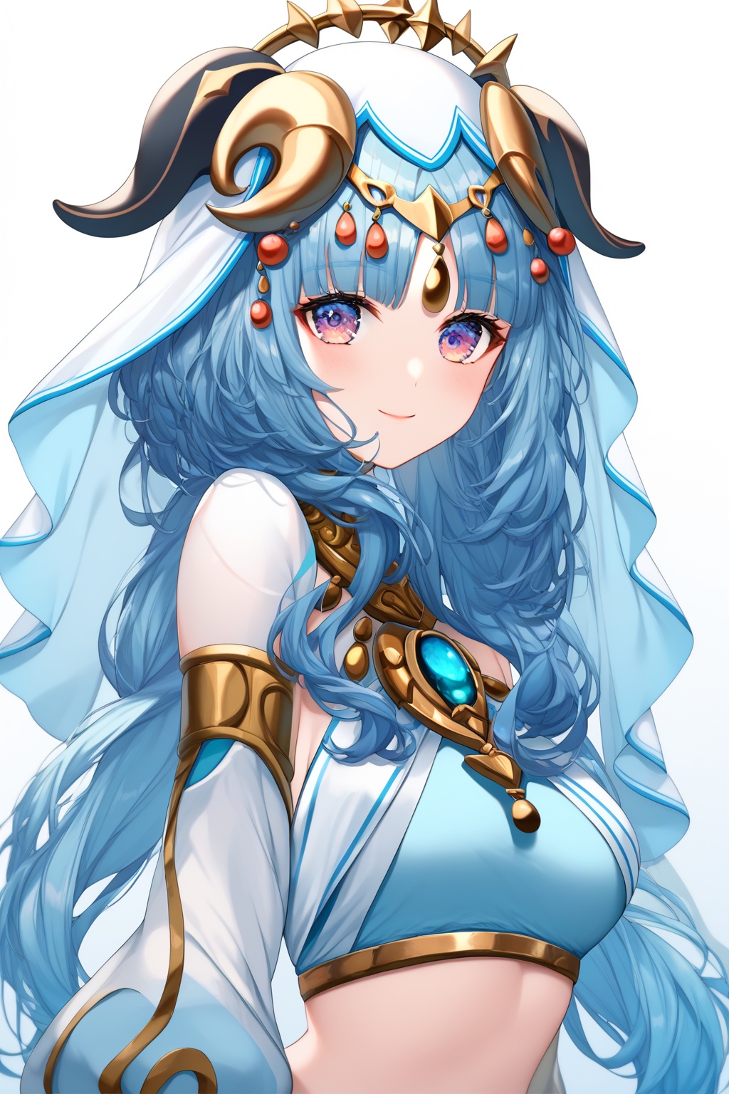 score_9,score_8_up,score_7_up,score_6_up,source_anime,source_cartoon,<lora:ganyuTuPONYXL-000008:1>,ganyu \(genshin impact\), cosplay, horns, 1girl, nilou \(genshin impact\), solo, long hair, smile, veil, breasts, upper body, blue hair, crop top, bare shoulders, white background, purple eyes, medium breasts, jewelry, detached sleeves, brooch, simple background, looking at viewer, long sleeves, sidelocks, neck ring, white veil, nilou \(genshin impact\) \(cosplay\)