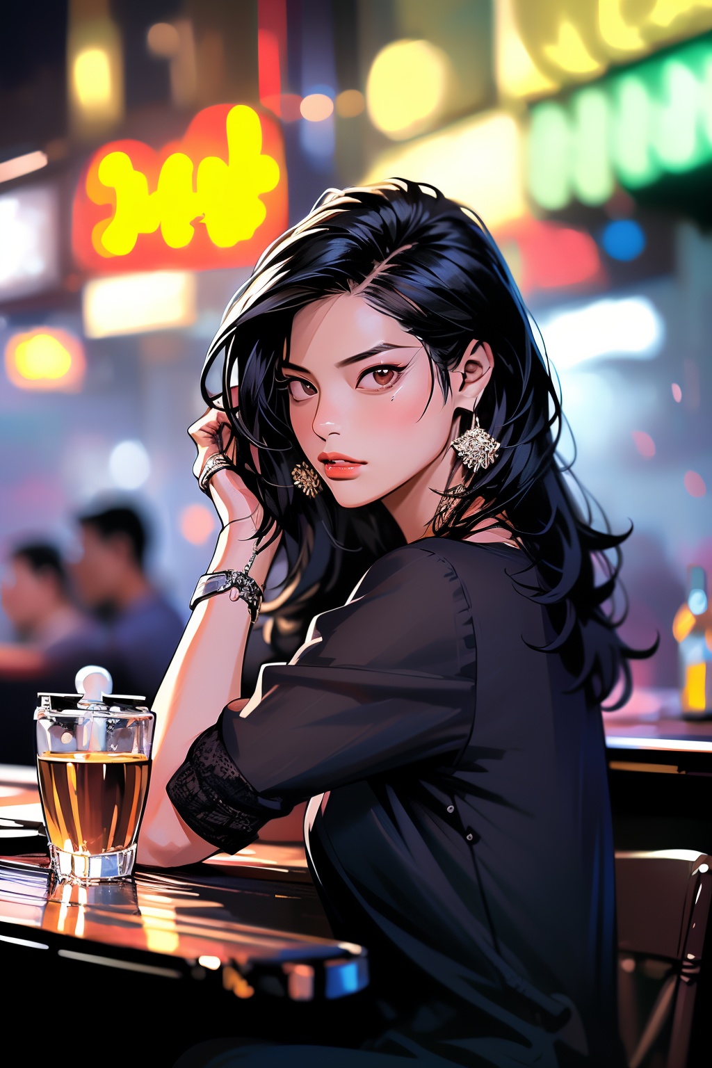 1girl,solo,long hair,looking at viewer,black hair,sitting,black shirt,depth of field,blurry background,chair,bottle,sign,realistic,bar (place),neon lights,fanhuaZ,<lora:fanhuaZ_20240115183629-000008:0.8>,, (high quality), best quality, (4k), 8k, super detailed, (full detail), (masterpiece), (realistic), super detailed,(Exquisite details) ,intricate,