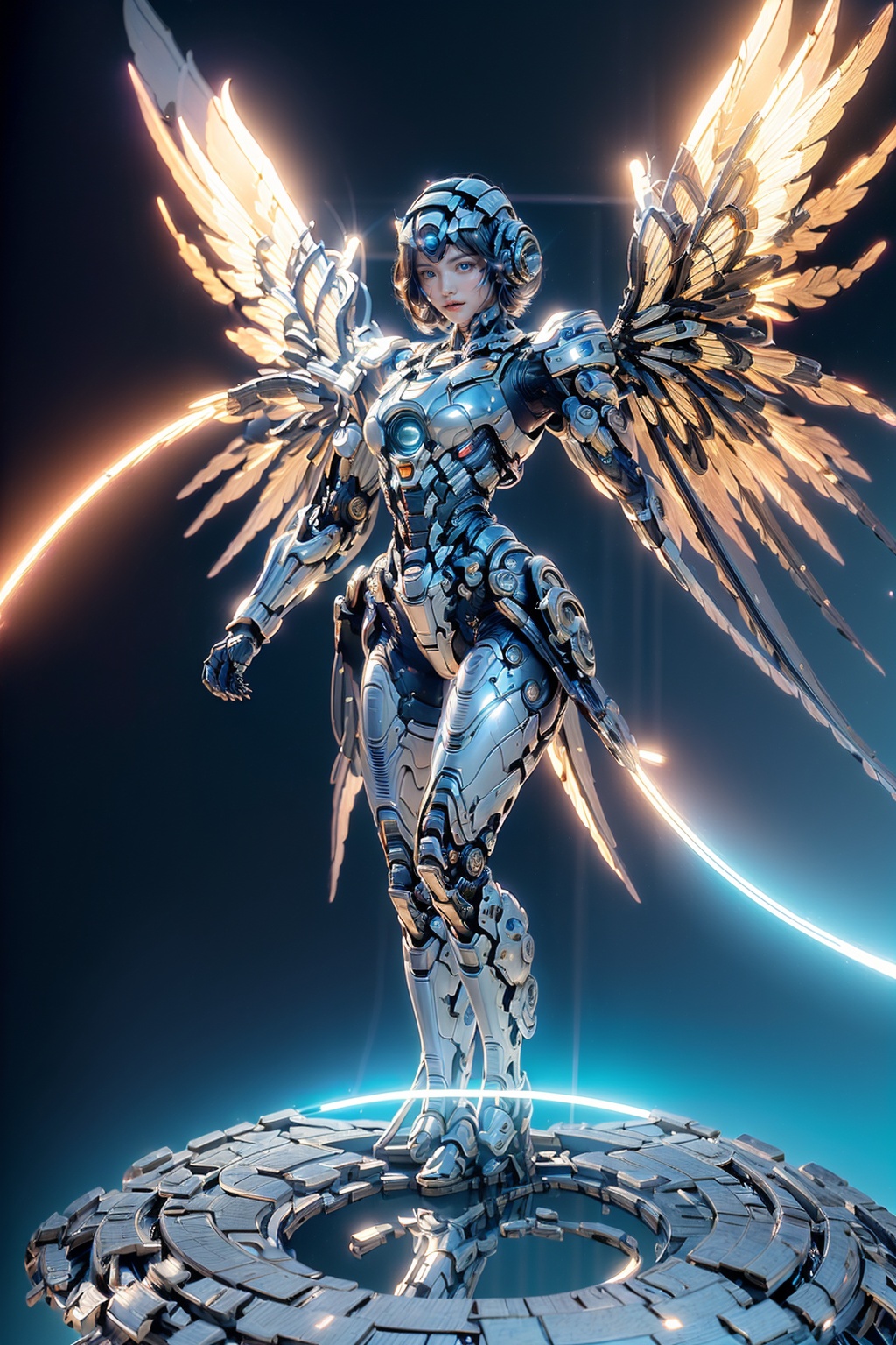 masterpiece,best quality,(highly detailed),1girl,cyborg,(full body:1.3),day light,bright light,wide angle,white background,<lora:hjyrobo5-000010:0.75>,complex body,shining sparks,(three times overlap big  machinery wings:1.4),silvery,sleek,studio light,motion blur  light,(stand on shining blue light circle Science Fiction Portal:1.5),White semi transparent gauze background,
