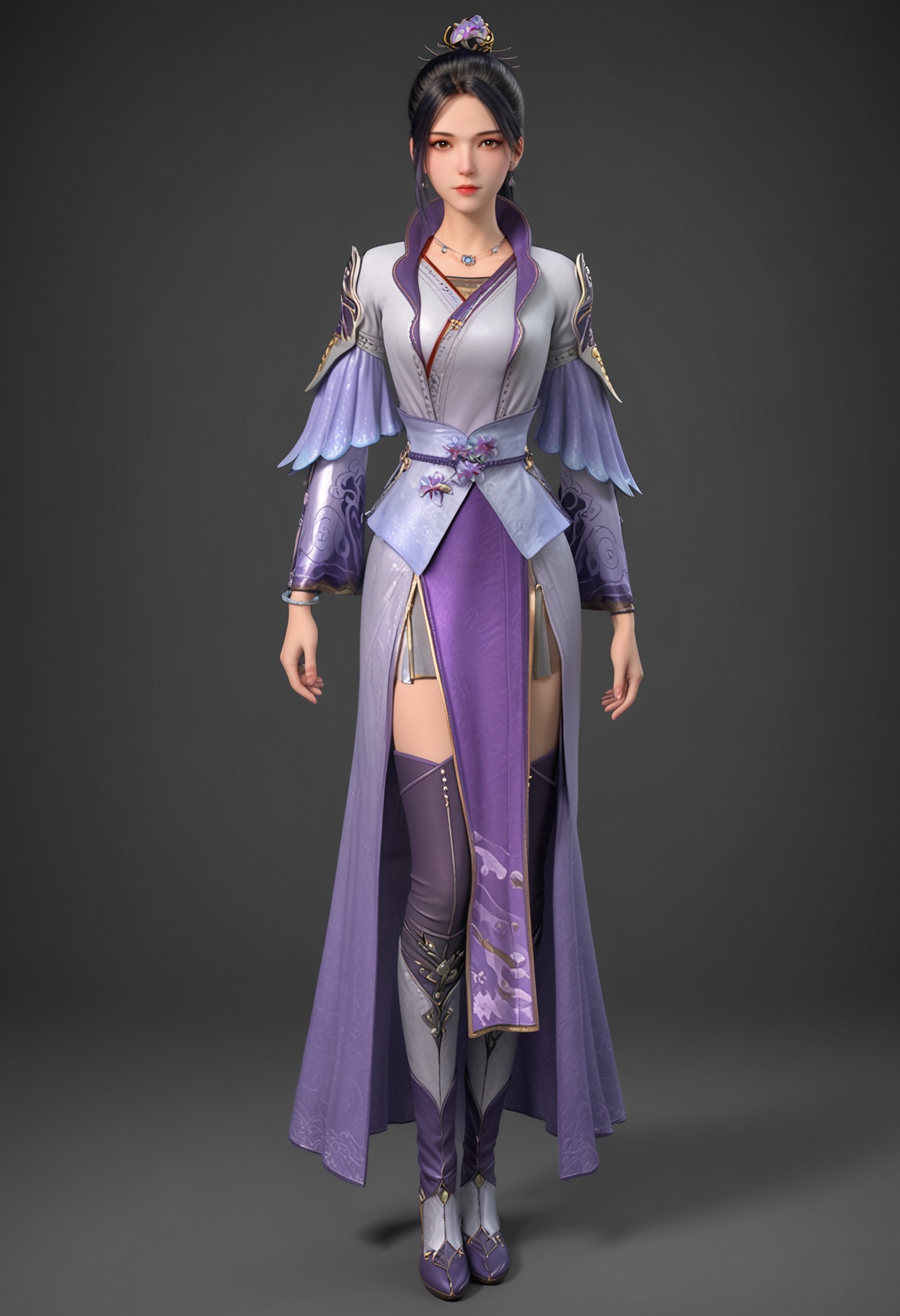 (full_body:1.1),(looking at viewer:1.1),facing viewer,direct gaze,<lora:YQ_pony_nangongxier_V5:0.8>,1girl,q1528437228,solo,black hair,jewelry,long hair,necklace,earrings,ponytail,hair ornament,dress,brown eyes,long sleeves,thighhighs,hair bun,boots,chinese clothes,sash,looking to the side,single hair bun,BREAK simple background,pure black background,black background,perfect anatomy,