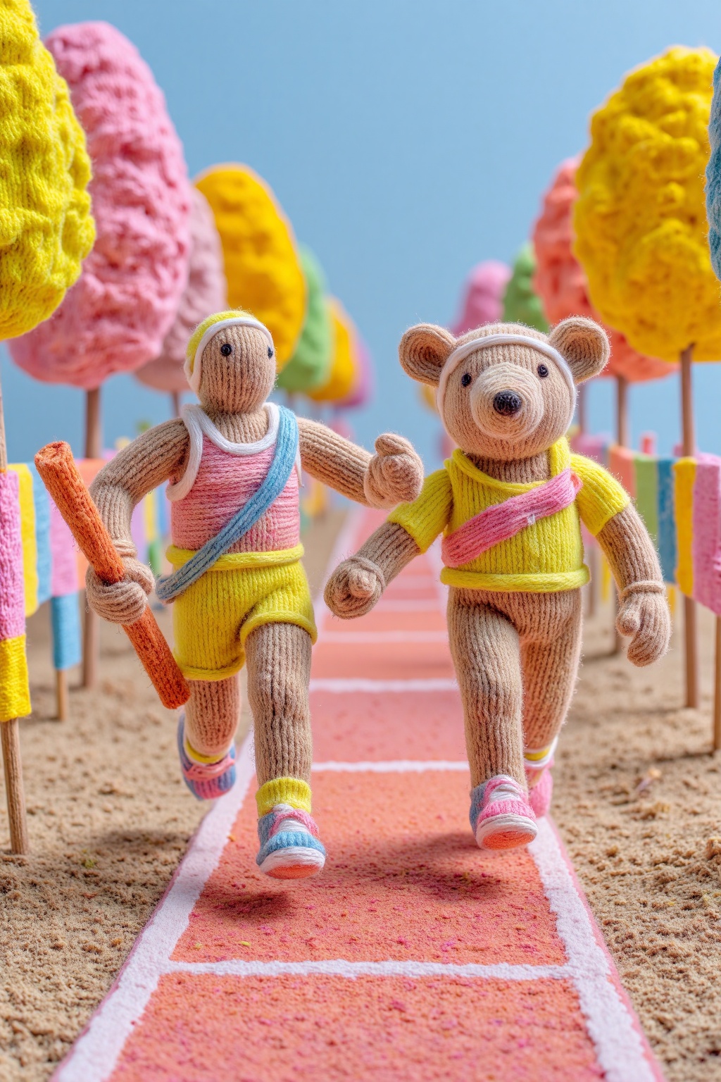 beijihui,A low-angle action shot of two stuffed animals mid-run on a miniature racetrack. One is passing a baton, wearing a striped knitted headband and matching sportswear, while the other reaches out to grab it. Both have tiny knitted sneakers. The soft earth tones of the track contrast with the vibrant yarn flags in the background, creating a playful and competitive vibe.