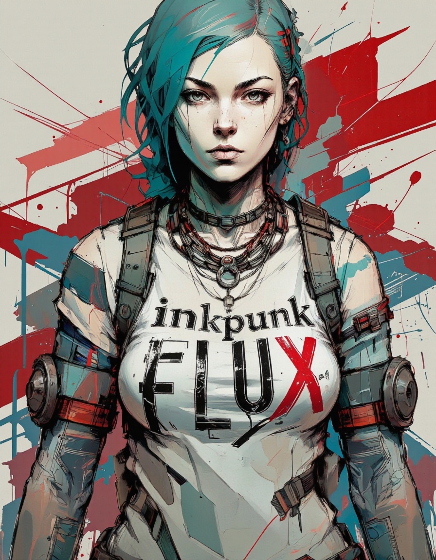 InkPunk style.A cyberpunk-inspired female figure with teal hair and a stern expression,  wearing a white t-shirt emblazone...