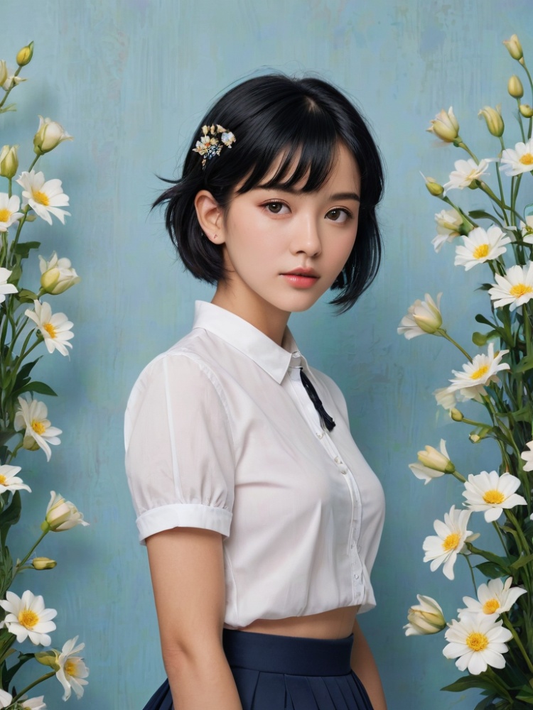 (masterpiece: 1.2), Magazine cover, A girl, Short black hair, Flowers, Flower hairpins, White short-sleeved shirt, Blue-black pleated skirt, masterpiece, The best quality, Wallpaper, Poster, 32k, Background of Flower Sea, fashion, sexy, HD, anatomically correct, best quality, 16k,YUNY