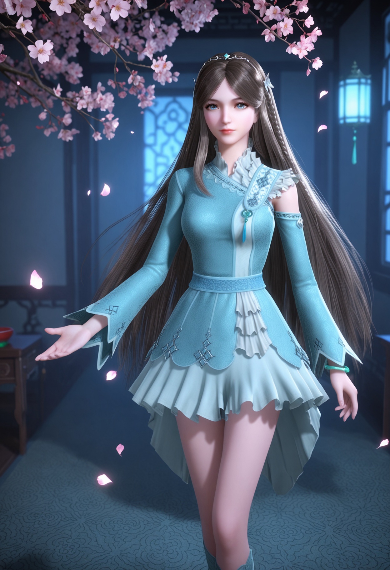 (cowboy shot:1.2),(looking at viewer:1.1),masterpiece,(best quality),smog,Dark room,dim lighting,peach blossom,falling petals,<lora:YQ_Illustrious光辉v5_宁荣荣_V1:0.8>,q1528437228,1girl,solo,long hair,brown hair,hair ornament,dress,blue eyes,blue dress,braid,tiara,detached sleeves,long sleeves,black hair,jewelry,bracelet,butterfly hair ornament,very long hair,green dress,skirt,brown eyes,shoes,necklace,blonde hair,hairband,asymmetrical sleeves,gem,chinese clothes,pantyhose,gloves,grey hair,thighhighs,shorts,sleeveless,socks,