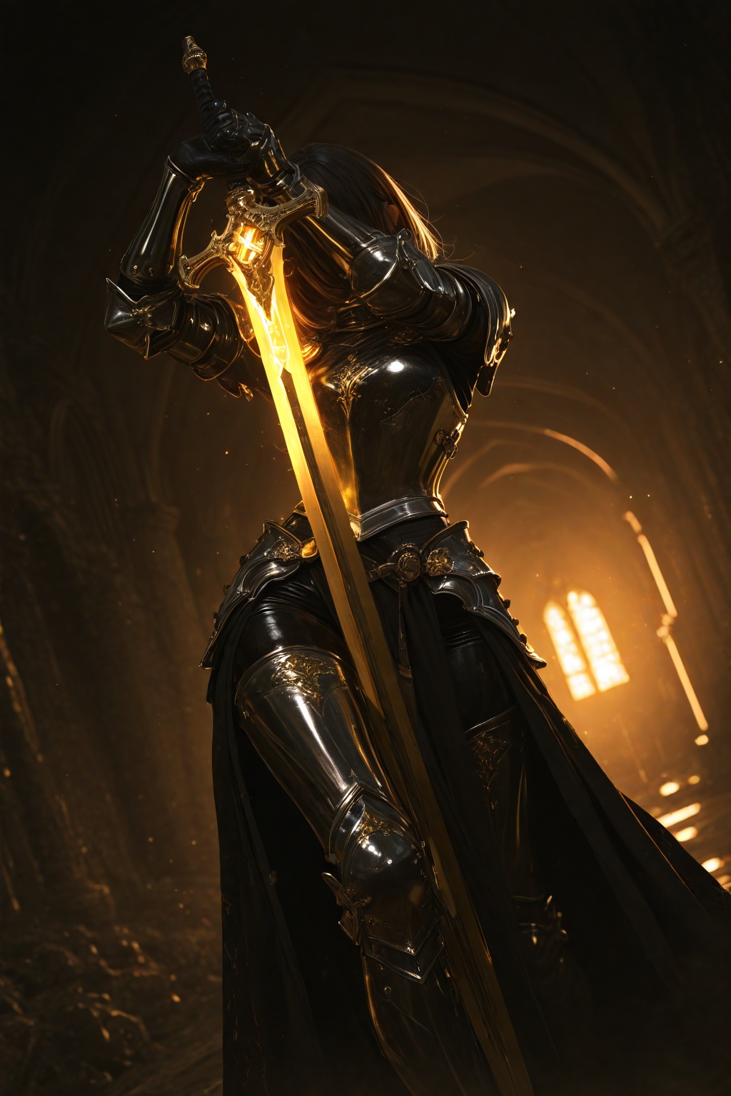 masterpiece,best quality,amazing quality,very aesthetic,absurdres,newest,extreme aesthetic,in the style of fashion photography,light particles,cinematic lighting,Visual impact,sharp focus,Emotionalization,depth of field,dutch angle,scenery,intense light,golden light in the dark,girl holding the sword,tight armor,intricate textures,real metal material,