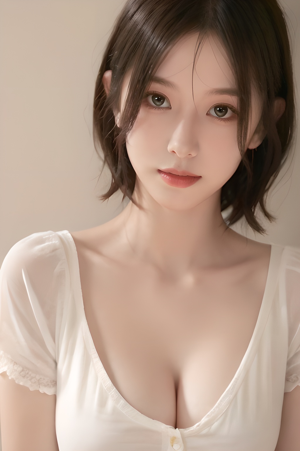 <lora:0826_08:0.7>best quality,masterpiece,4k,1girl,upper body,Cover your chest with one hand,solo,skinny,short hair,, 1girl,realistic,masterpiece, best quality, photorealistic, HDR,detail