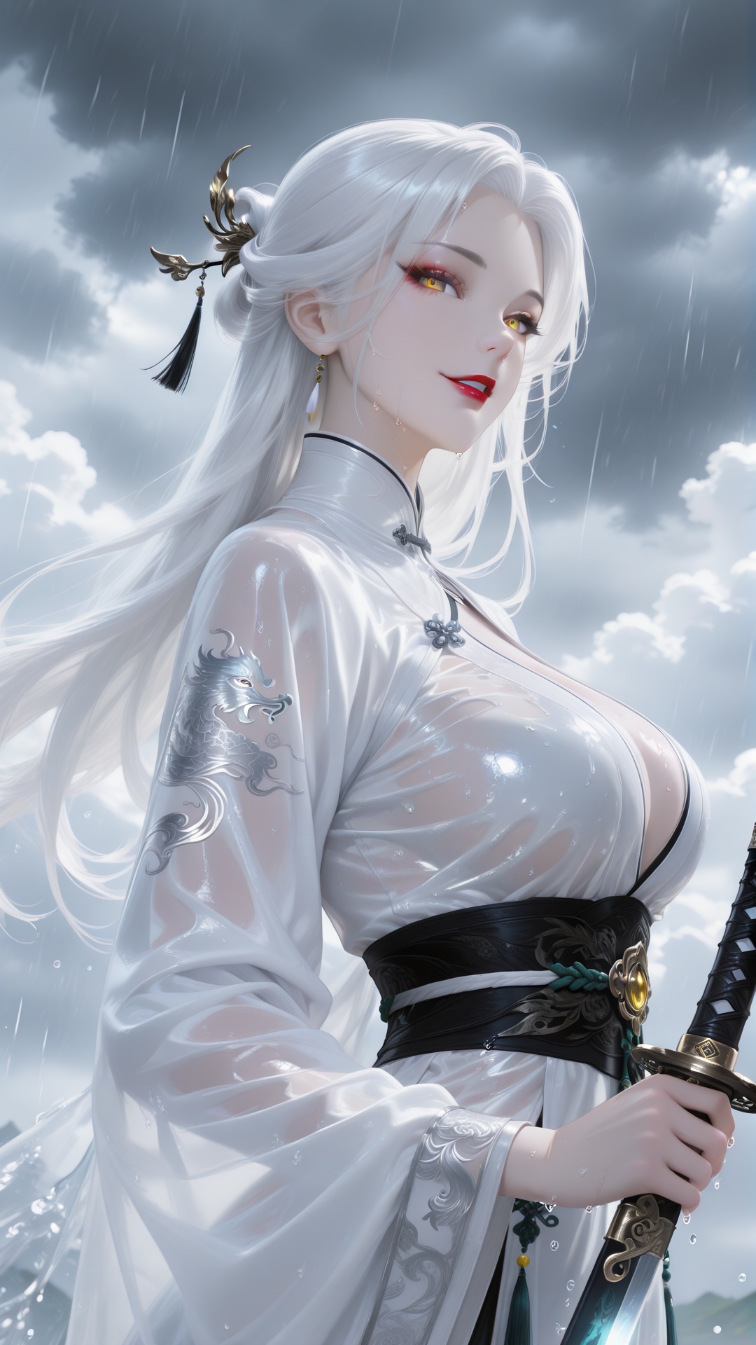 1girl, long hair, yellow eyes, solo, white hair, cloud, breasts, looking at viewer, red lips, weapon, makeup, chinese clothes, cloudy sky, holding, sword, sky, upper body, from side, smile, holding weapon, long sleeves, outdoors, large breasts, holding sword, wet, lipstick, dress, parted lips,<lora:光辉大脚:0.8>,