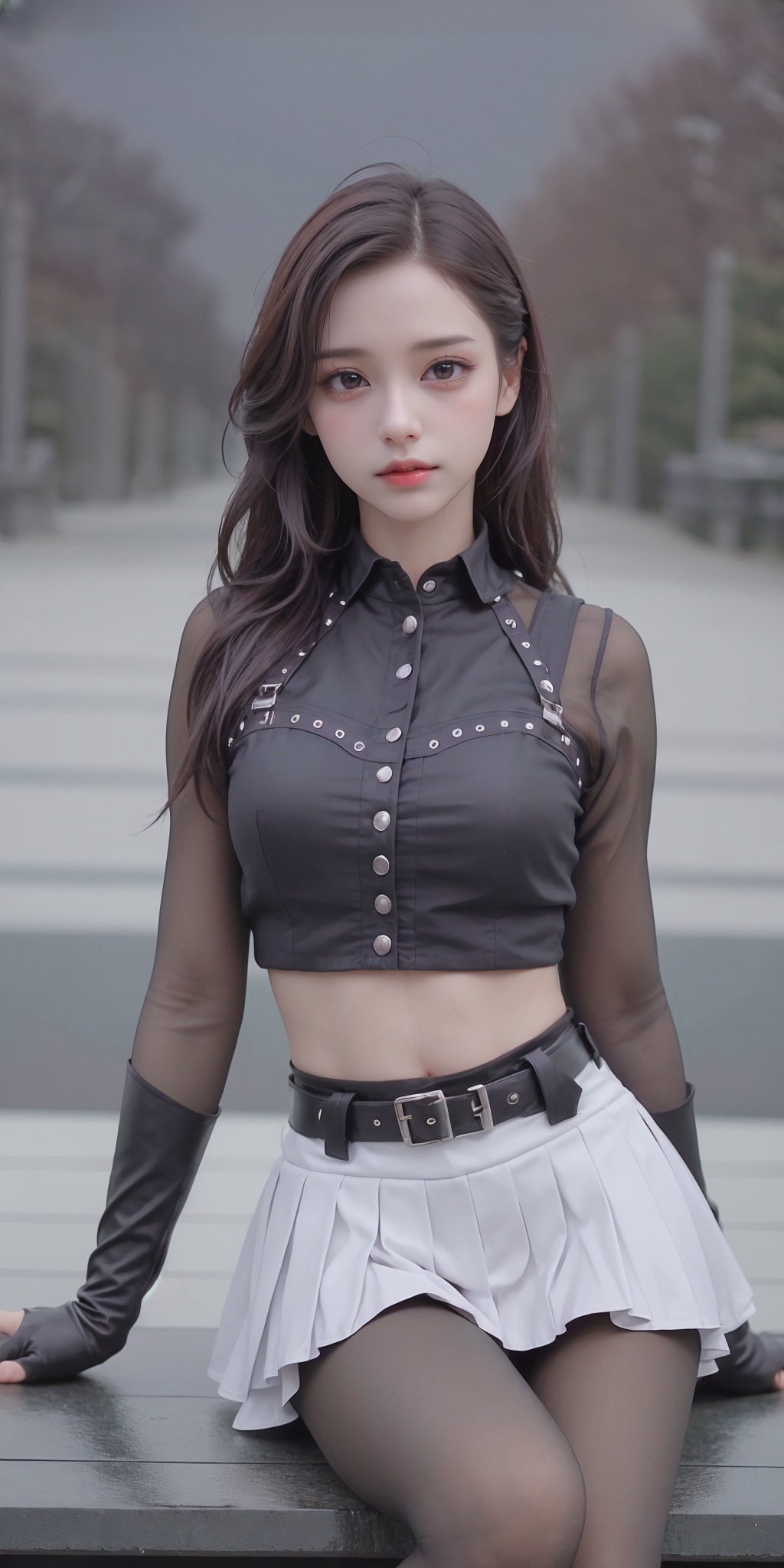 <lora:HS_20240207230901-000005:0.75>,<lora:HDR:0.5>,HS,1girl,solo,skirt,pantyhose,boots,long hair,black hair,black footwear,realistic,midriff,shirt,white shirt,looking at viewer,long sleeves,knee boots,blurry,brown eyes,black pantyhose,pleated skirt,outdoors,belt,crop top,brown hair,vest,miniskirt,black skirt,black shirt,belt boots,<lora:MHB:0.2>,, (raw photo:1.2),((photorealistic:1.4))best quality,masterpiece,illustration,an extremely delicate and beautiful,extremely detailed,CG,unity,8k wallpaper,Amazing,finely detail,masterpiece,best quality,official art,extremely detailed CG unity 8k wallpaper,absurdres,incredibly absurdres,huge filesize,ultra-detailed,highres,extremely detailed,beautiful detailed girl,cinematic lighting,1girl,pale skin,tall female,(perfect body shape),skinny body,Slender legs,, pale skin,tall man,long legs,thin leg,