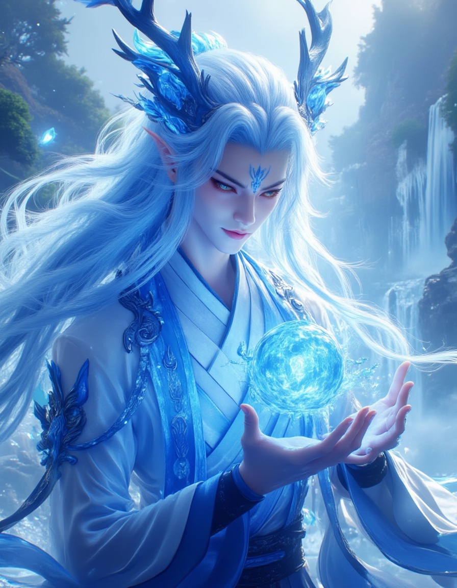 A digital painting of a serene, ethereal figure with long, flowing silver hair, adorned with antlers and intricate blue markings on his face. He is wearing a flowing white and blue robe, holding a glowing blue orb in his hands. The background features a mystical, icy landscape with waterfalls and mist, creating a sense of tranquility and otherworldliness. The colors are predominantly cool blues and whites, with a soft, glowing light illuminating the scene. The art style is detailed and fantastical, with a focus on the ethereal and mystical elements..,<lora:山海lora:1>,