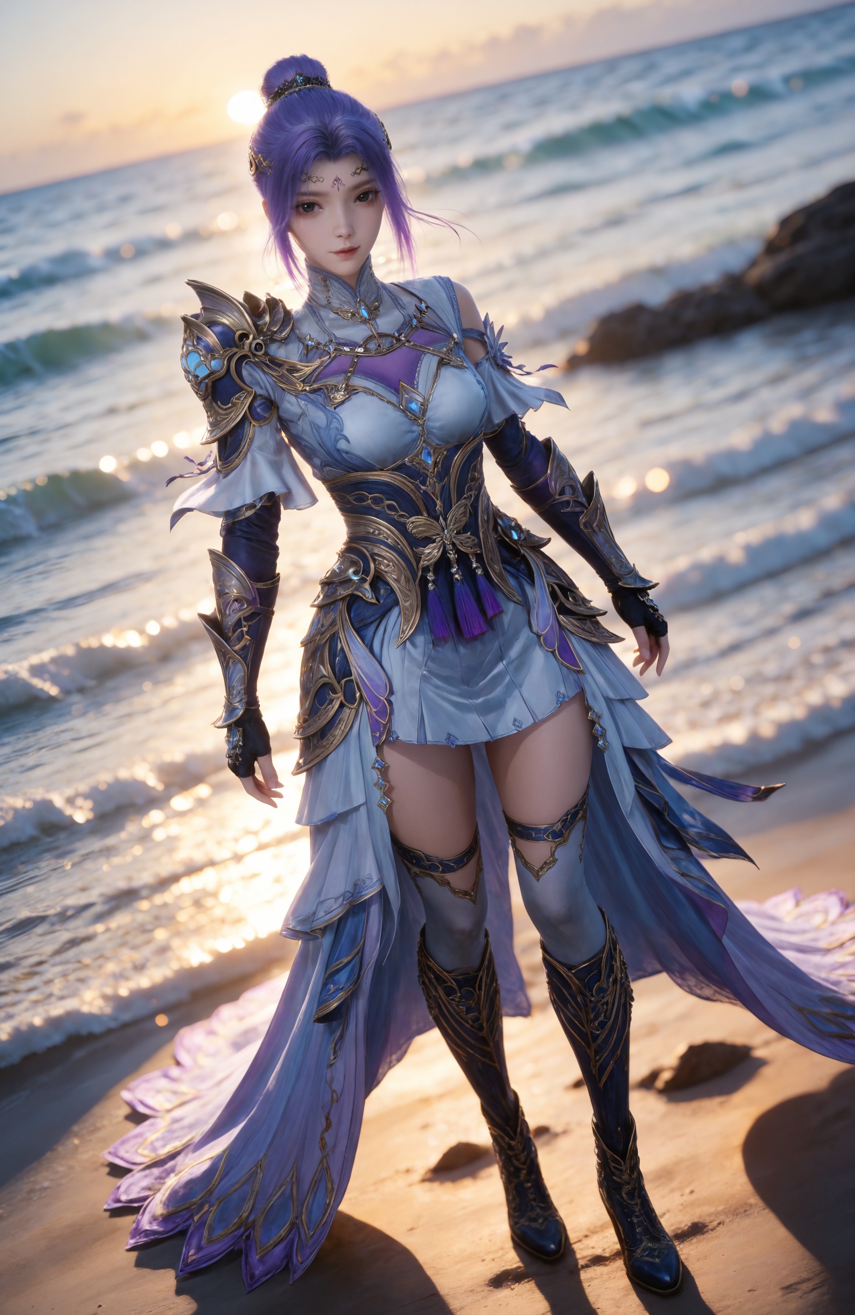 <lora:斗罗大陆2-唐舞桐-昊天真身IL:0.8> 1girl, blue hair,  purple hair, black eyes, hair ornament, forehead mark,hair bun, dress, armor, shoulder armor,  fingerless gloves, gloves, thighhighs,boots,, realistic style photo,outstanding style,Use soft lighting to cast gentle shadows on the subject,adding a touch of dimension to your images without compromising details,whirls of vapor,(Anime:1.1),soft neon light,ethereal ambiance,delicate details,magical atmosphere,concept art,highly detailed,ultra-high resolution,32K UHD,sharp focus,best-quality,masterpiece,golden hour,unconventional supreme masterpiece,masterful details,temperate atmosphere,with a high-end texture,in the style of fashion photography,magazine style,Dynamic Angle,Dynamic posture,magazine style,Dynamic Angle,Dynamic posture,(cowboy_shot:1.2),eye trail,depth of field,cinematic lighting,lens flare,close-up,extreme aesthetic,(wlop:0.6),(honjou raita,lack,rella,wanke:0.5),masterpiece,best quality,good quality,newest,year 2025,very aesthetic,absurdres,Visual impact,A shot with tension,ultra-high resolution,32K UHD,sharp focus,best-quality,masterpiece,Emotionalization,unconventional supreme masterpiece,masterful details,temperate atmosphere,with a high-end texture,in the style of fashion photography,(Visual impact:1.2),giving the poster a dynamic and visually striking appearance,, standing,Seaside,beach,waves,full body,