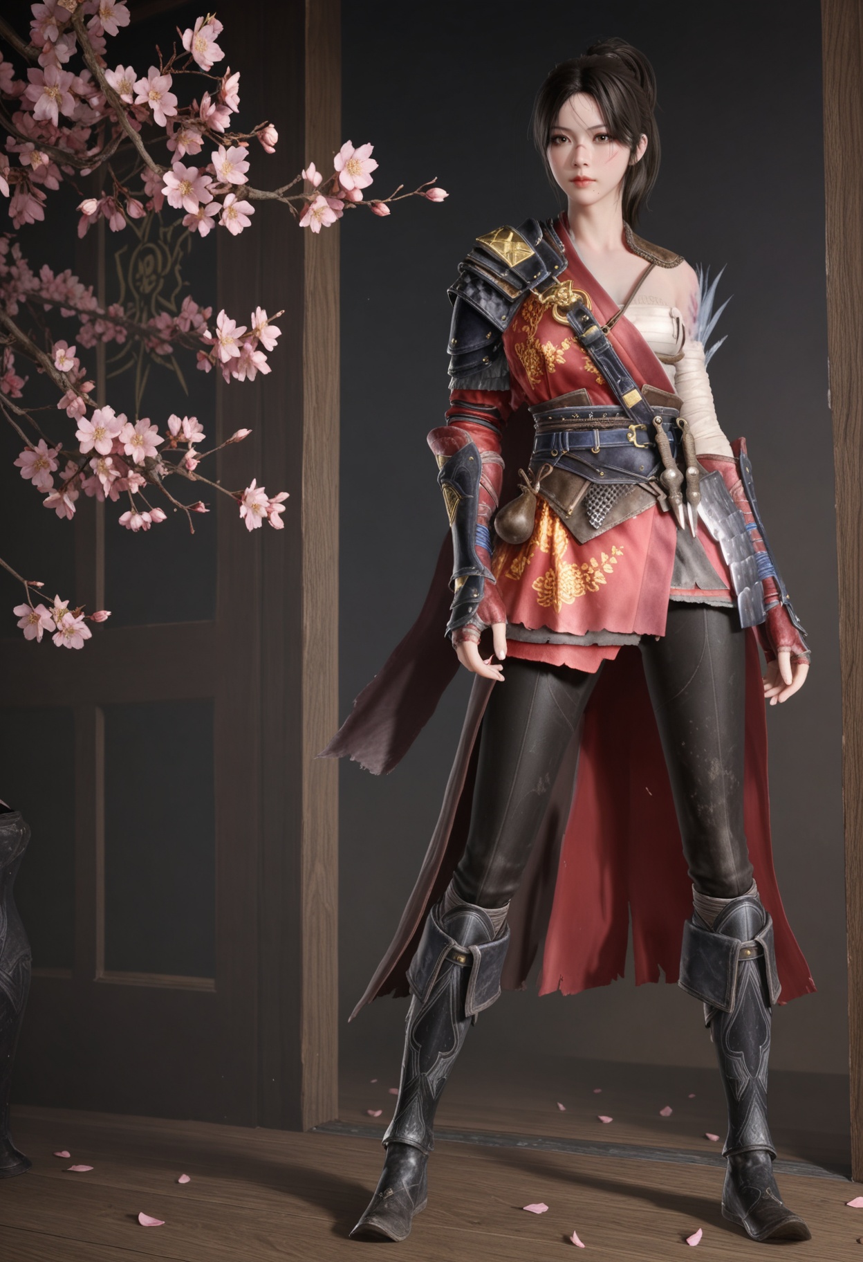 (standing full_body:1.1),(looking at viewer:1.1),masterpiece,(best quality),smog,Dark room,dim lighting,peach blossom,falling petals,<lora:YQ_Illustrious光辉v5_白梓芸_V1:0.8>,q1528437228,1girl,solo,armor,black hair,ponytail,shoulder armor,brown eyes,sarashi,chinese clothes,brown hair,long hair,gloves,boots,scar,pants,hair bun,fingerless gloves,pauldrons,single hair bun,bandages,scar on face,sheath,cape,belt,short hair,mole under mouth,black pants,sash,single pauldron,gauntlets,knee boots,