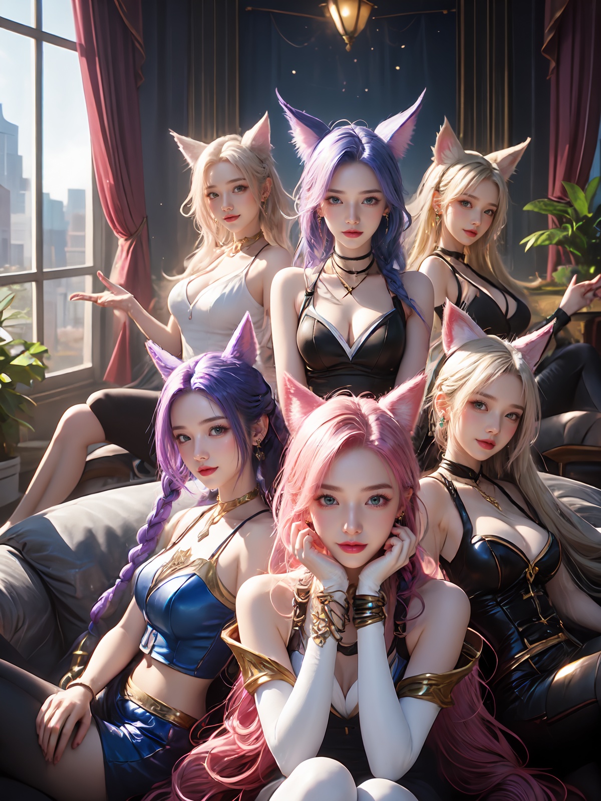 Ahri(League of Legends),4 girls,animal ears,tail,breast,pink hair,fox ears,Long hair,beard mark,sitting,looking at the audience,Fox tail,window,blue eyes,braid,blue hair,bangs,face mark,smile,jewelry,clothes,interior,purple hair,blonde hair,bare shoulders,multi-tailed,k/da(League of Legends),sofa,earrings,cleavage,hair decoration,long legs,medium breasts,curtains,white hair,split sleeves,Fox girl,closed mouth,double braids,purple eyes,headrest,plants,green skirt,necklace,blue skirt,<lora:lolnvtuan-000018:0.6>,