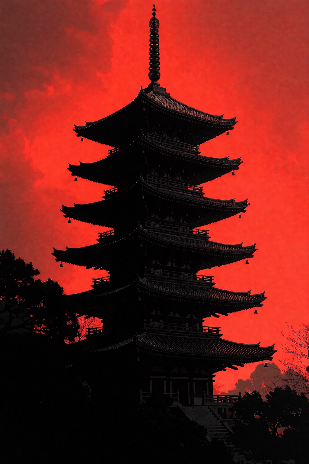 A starkly silhouetted black pagoda rising above dark trees against an intense,  glowing crimson red background. The toweri...