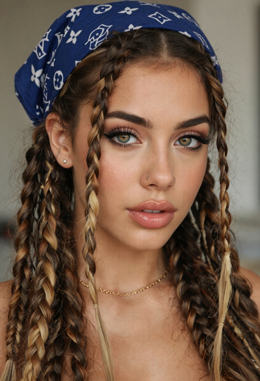 A close-up portrait of a young woman with vibrant,  intricately styled braids cascading down her shouldersâ€”each braid fe...