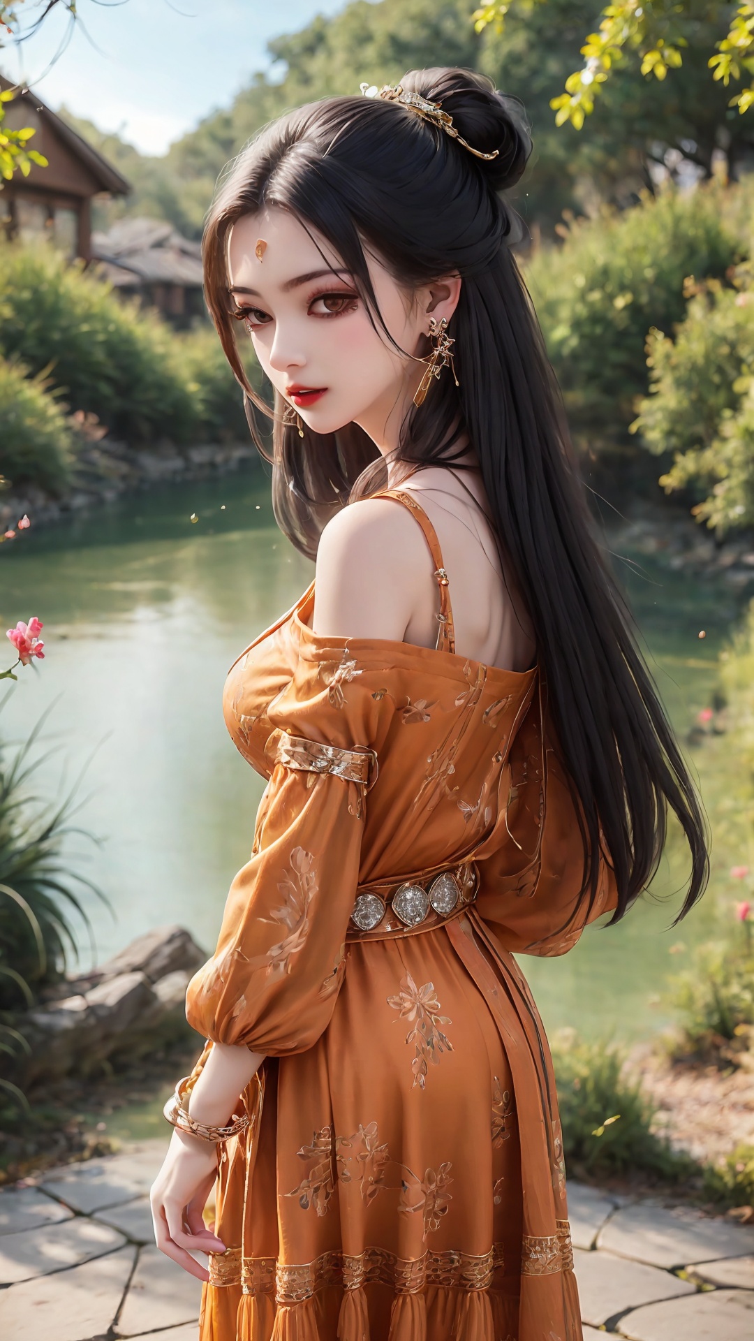 1girl, long hair, solo, jewelry, black hair, earrings, dress, orange dress, looking at viewer, wind, bird, long sleeves, looking back, standing, outdoors, parted lips<lora:girl miaojiangxiaobai_20240912173536:0.7>,