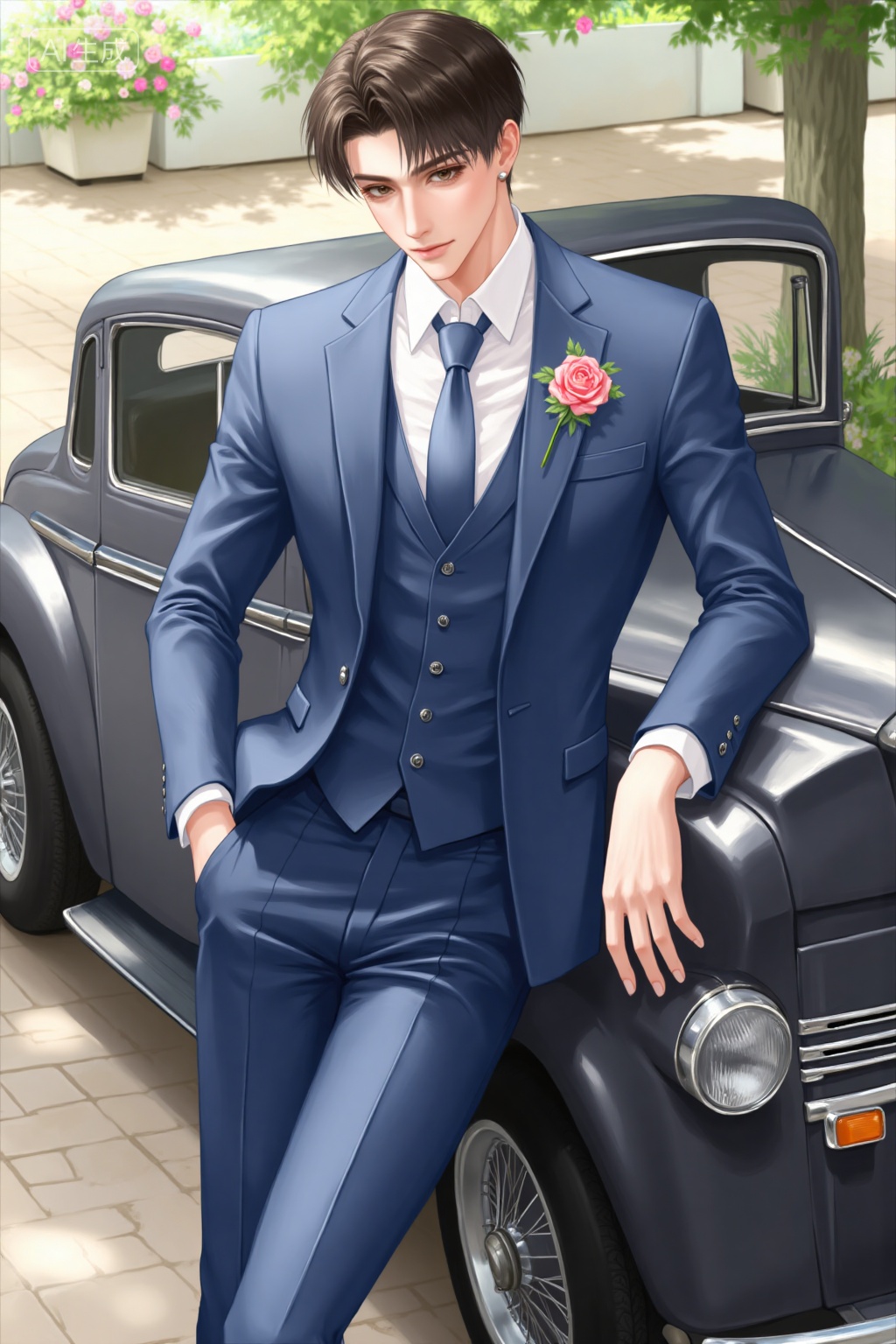Realistic anime drawing of handsome young man,, in a steel blue suit with a single rose boutonniere,leaning against a vintage car in a flower-filled courtyard.,, Negative prompt: ng_deepnegative_v1_75t,(badhandv4:1.2),EasyNegative,(worst quality:2),,nsfw, Steps: 30, Sampler: Euler, CFG scale: 3.5, Seed: 1528175664, Size: 1024x1536, Model hash: 8cba4f1ef4, Model: F.1基础算法模型-哩布在线可运行_F.1-dev-fp8.safetensors, Denoising strength: 0, RNG: CPU, Lora 1: 20251118, Lora Hash 1: d7ed8b5205, Lora Weight 1: 1.0, vae_name: automatic