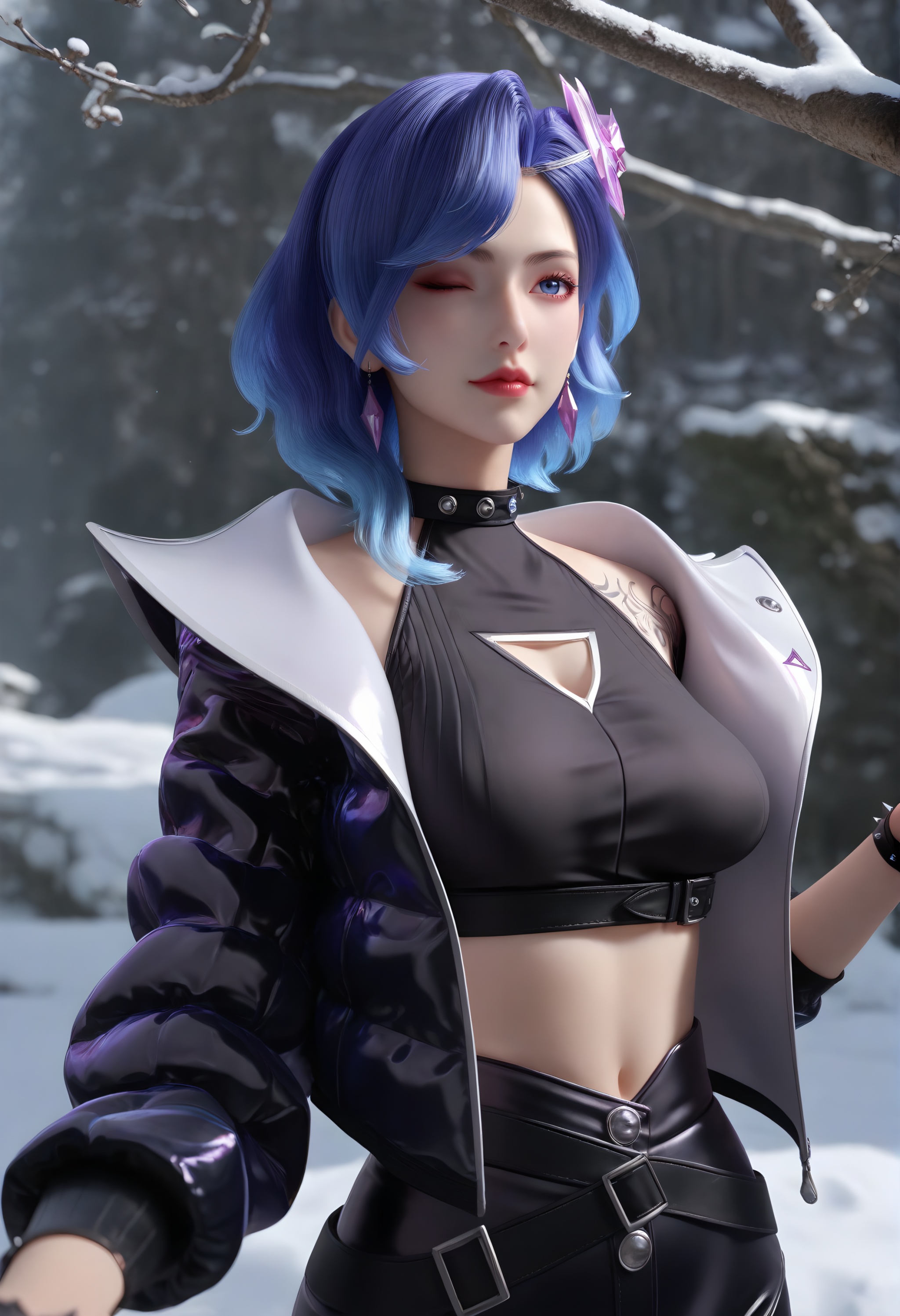 (score_9),upper body,<lora:想入菲菲-apony:0.8>,xrff,solo,1girl,blue hair,hair ornament,jewelry,earrings,<lora:Expressive_H-000001:0.82>,light blush,blue eyes,looking at viewer,front view,wink,one eye closed,belt collar,gem,open jacket,crop top,black_crop top,clothing cutout,cleavage cutout,belt,fingerless gloves,shoulder tattoo,tight pants,black_tight pants,spiked bracelet,spoken heart,dutch angle,dynamic_angle,(mature_female:1.2),collarbone,pointy breasts,puffy breasts,(large teardrop breasts),groin,(mound_of_venus),navel,<lora:e肤色滑块:0.5>,fair_skin,(pale_skin),(white_skin),<lora:e色温:0.35>,light skin,ultra-detailed skin texture,detailed textures,<lora:皮肤凹痕:1.2>,BREAKsimple background,in snow,Tyndall effect,available light,depth of field,tree,snowflakes,branch,twig,Tyndall effect,available light,depth of field,rock,4K ultra HD,sharp focus,high detail,natural lighting,high contrast,