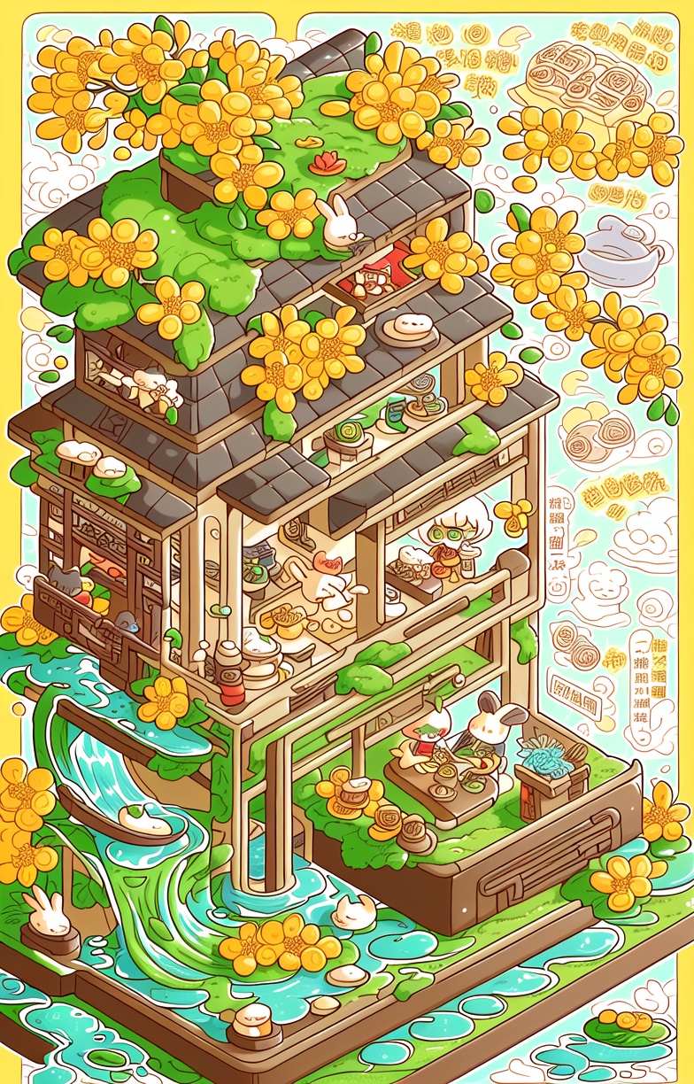 isometric,rabbit,holding,yellow border,rock,flower,food,steam,blush stickers,cloud,water,sitting,open mouth,green eyes,smile,teapot,sparkle,chinese text,animal ears,closed eyes,cup,plant,closed mouth,yellow background,yunomi,shirt,cat,lily pad,long sleeves,border,leaf,yellow flower,tea,plate,glasses,<lora:插画:0.8>,