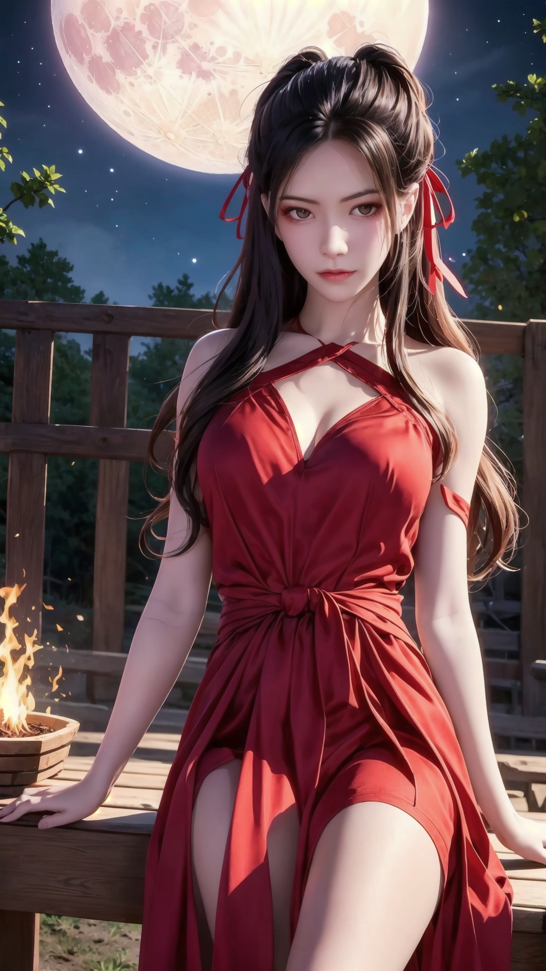 The image is a digital illustration of a young woman sitting on a wooden bench in front of a full moon. She is wearing a red and black dress with a red ribbon tied around her waist. Her long dark hair is styled in loose waves and cascades over her shoulders. She has a serious expression on her face and is looking directly at the camera. The background is dark and the moon is partially visible in the top right corner of the image. There is a fire burning on the left side of the bench and a wooden fence on the right side.,<lora:1.5焰灵姬(4):0.8>,