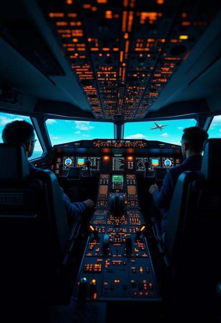 cockpit of aeroplane,  futuristic flight controls,  reflections on Tensor.Art