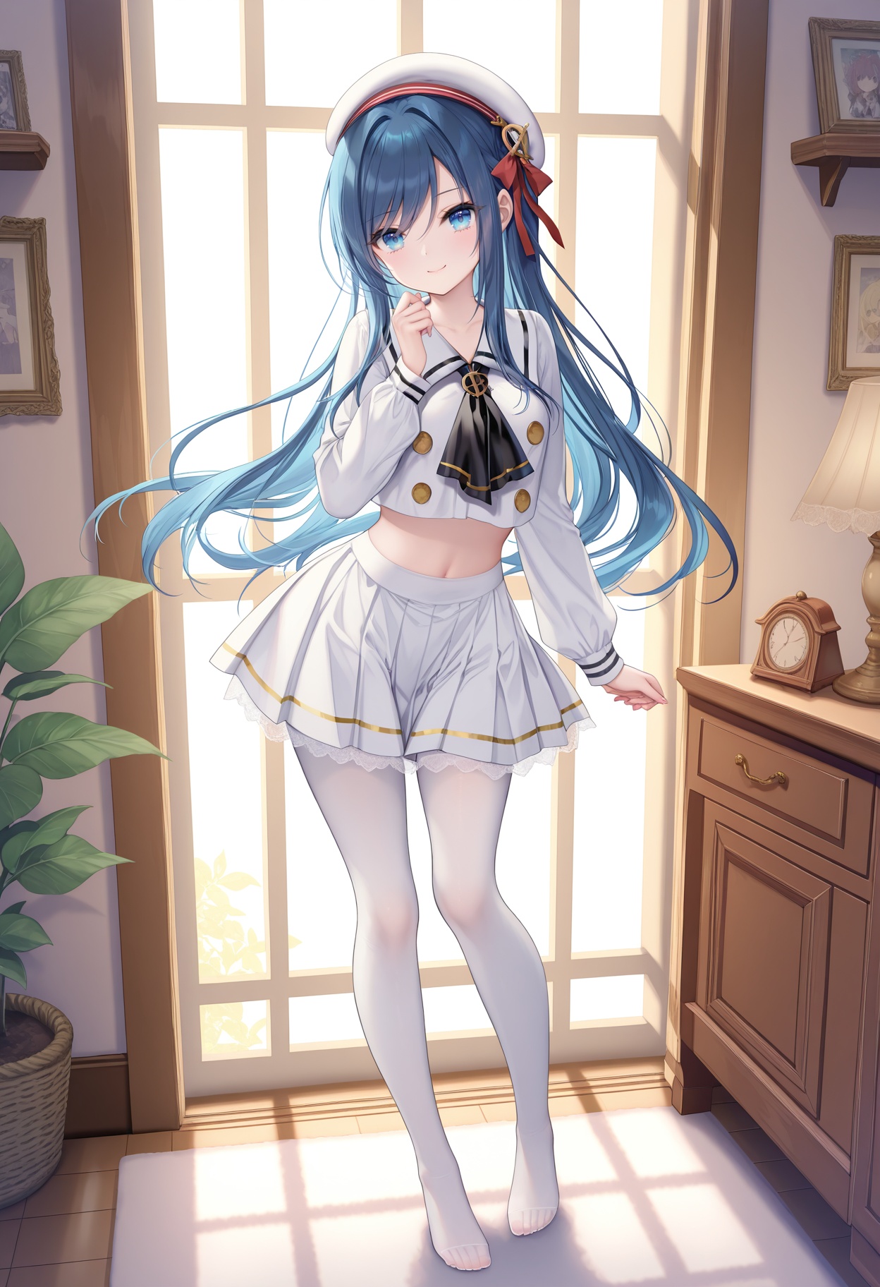 masterpiece, best quality, newest, absurdres, highres,(torino aqua: 0.5),(nibiiro shizuka:0.4),(rimuu:0.5),(mignon:0.5),(sheya:0.4),   satsuki, blue hair, blue eyes, hair ornament, long hair,smile,1girl,janus(school), white skirt, miniskirt,  crop top, long sleeves,school uniform, white serafuku, neckerchief, beret,white pantyhose,looking at viewer, full body, no shoes, standing,<lora:SatsukiXLNAI:1>,<lora:Janus(Uniform)XLNAI:1>