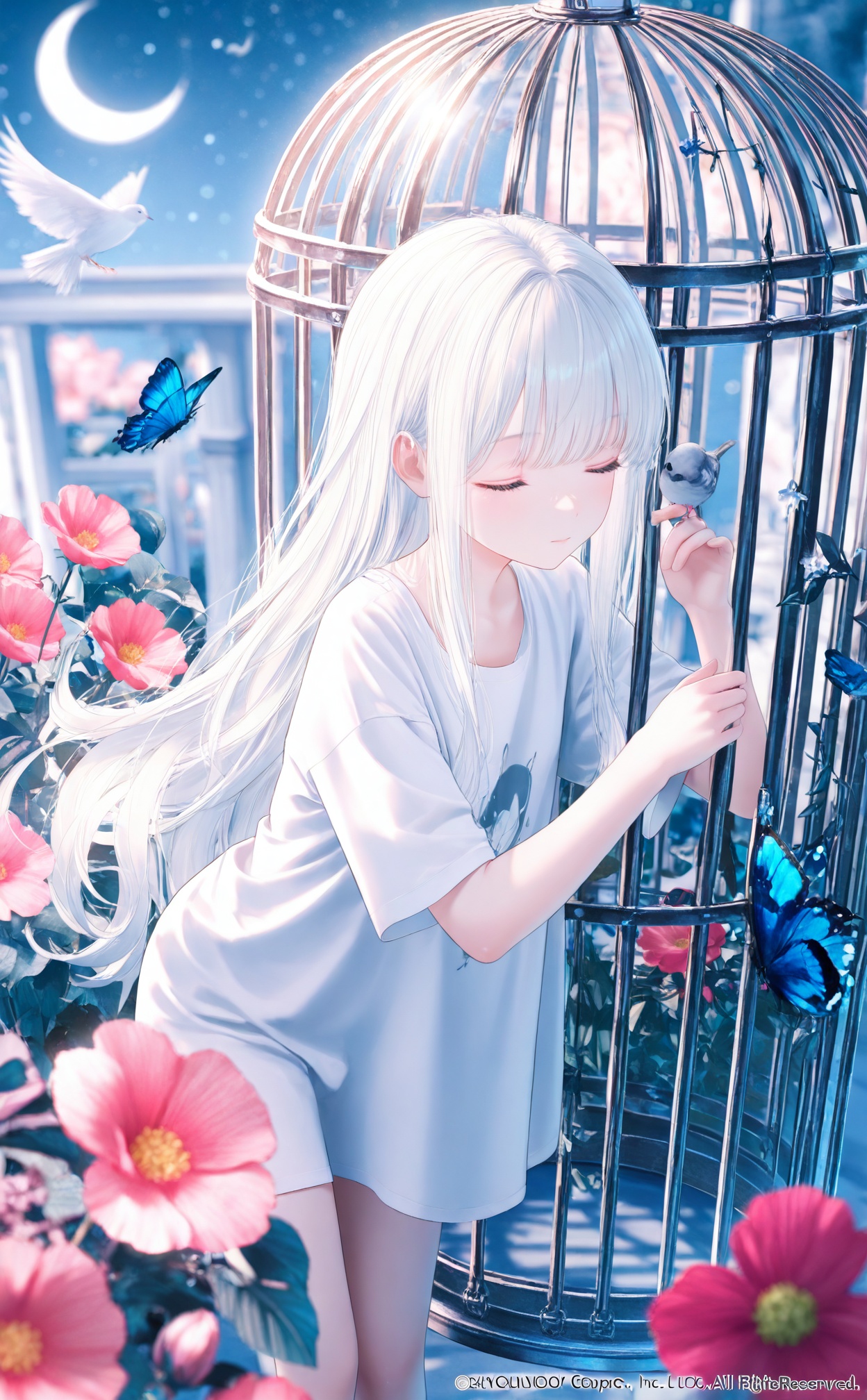 masterpiece,very aware,highres,absurdres,newest,best quality,high quality,loli,petite,chromatic_aberration,Light Blue Theme,lens_flare,//,1girl,solo,long hair,bangs,shirt,closed eyes,white shirt,flower,white hair,short sleeves,star \(symbol\),bird,moon,bug,red flower,butterfly,star \(sky\),pink flower,crescent moon,cage,birdcage,//,//,official art,depth of field,detailed light,blurry background,best shadow,shiny skin,cinematic lighting,ray tracing,amazing quality,very aesthetic,absurdres,beast quality,ultra detailed,newest,8K,HDR,