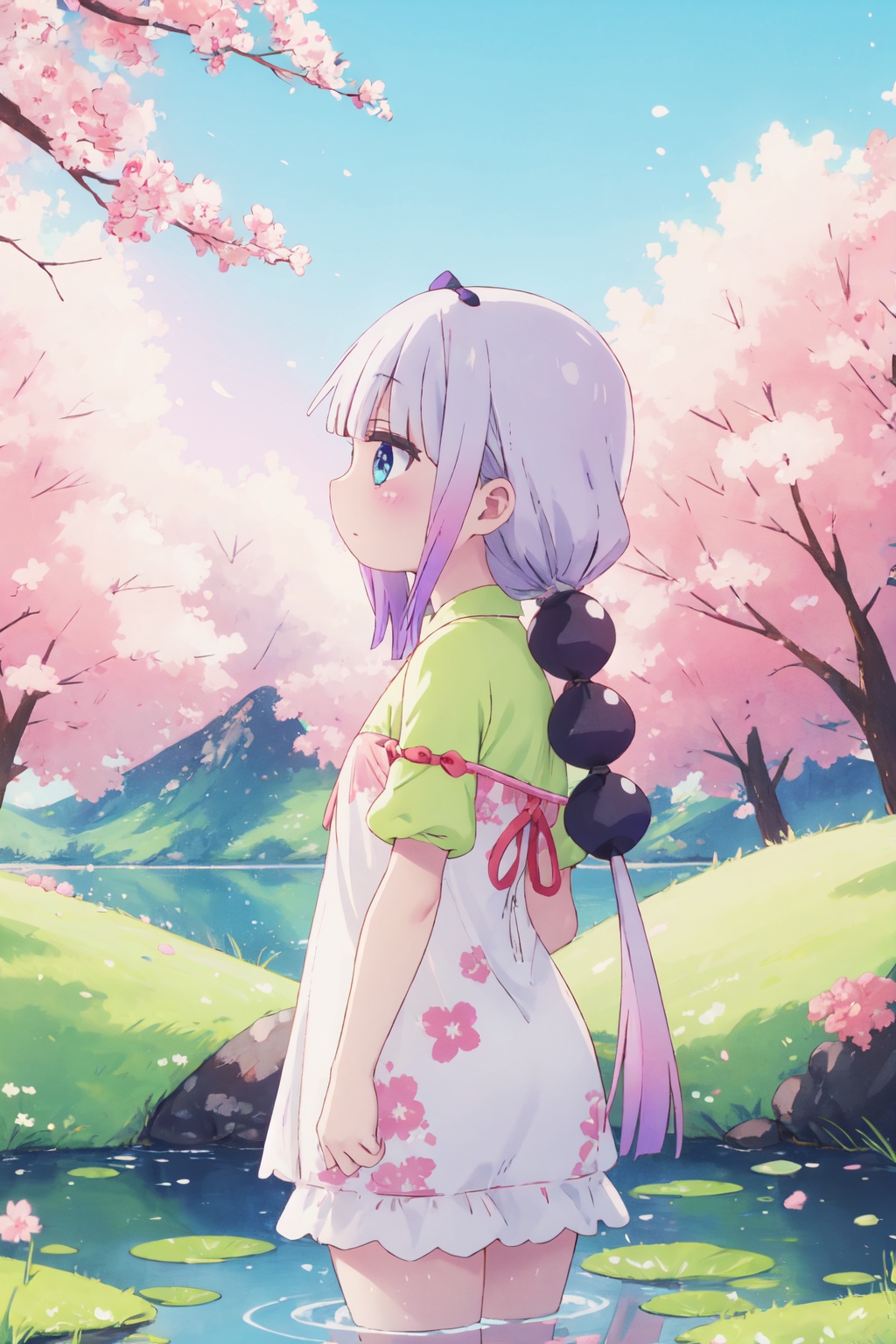 <lora:Kanna:0.9>,kanna cyql,1girl,looking at viewer,solo,long hair,purple hair,blunt bangs,twintails,low twintails,multicolored hair,blue eyes,child,Romantic floral lace and chiffon sheath dress,female_orgasm,profile,As the first light of dawn appears, the lake is veiled in a thin layer of mist, with faint outlines of mountains merging with their reflections in the water,(Cherry blossoms, Avenue of trees, Blossom petals, Springtime stroll, Hanami season, Japanese tradition:0.5),beautiful detailed sky,beautiful detailed glow,posing in front of a colorful and dynamic background,masterpiece,best quality,beautiful and aesthetic,contrapposto,female focus,wallpaper,
