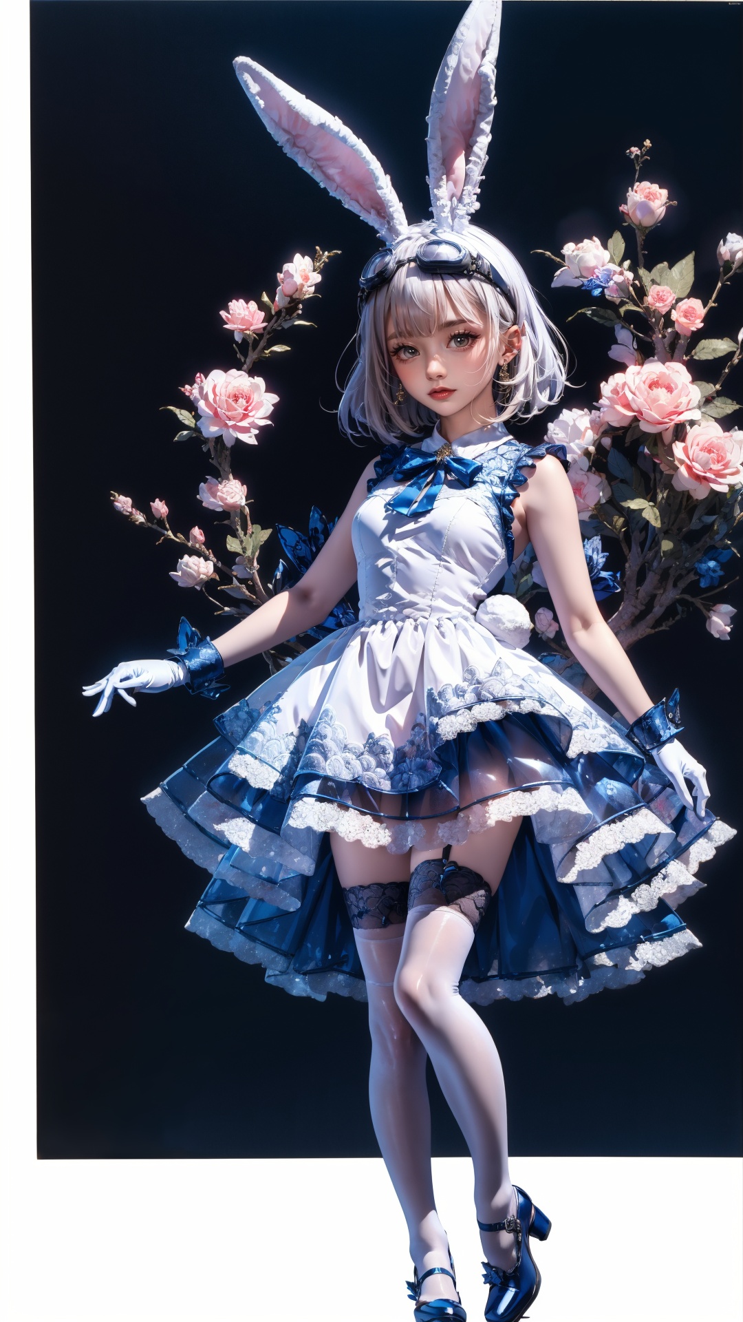 tutututu,1girl,solo,rabbit ears,white dress,white gloves,white thighhighs,blue footwear,goggles on head,sleeveless dress,bangs,blue bow,white hair,short hair,<lora:SY-000010:0.85>,official art,unity 8k wallpaper,ultra detailed,beautiful and aesthetic,masterpiece,best quality,(zentangle, mandala, tangle, entangle),(fractal art:1.3),red flowers,extremely detailed,dynamic angle,cowboyshot,the most beautiful form of chaos,elegant,a brutalist designed,vivid colours,romanticism,by james jean,roby dwi antono,ross tran,francis bacon,michal mraz,adrian ghenie,petra cortright,gerhard richter,takato yamamoto,ashley wood,atmospheric,
