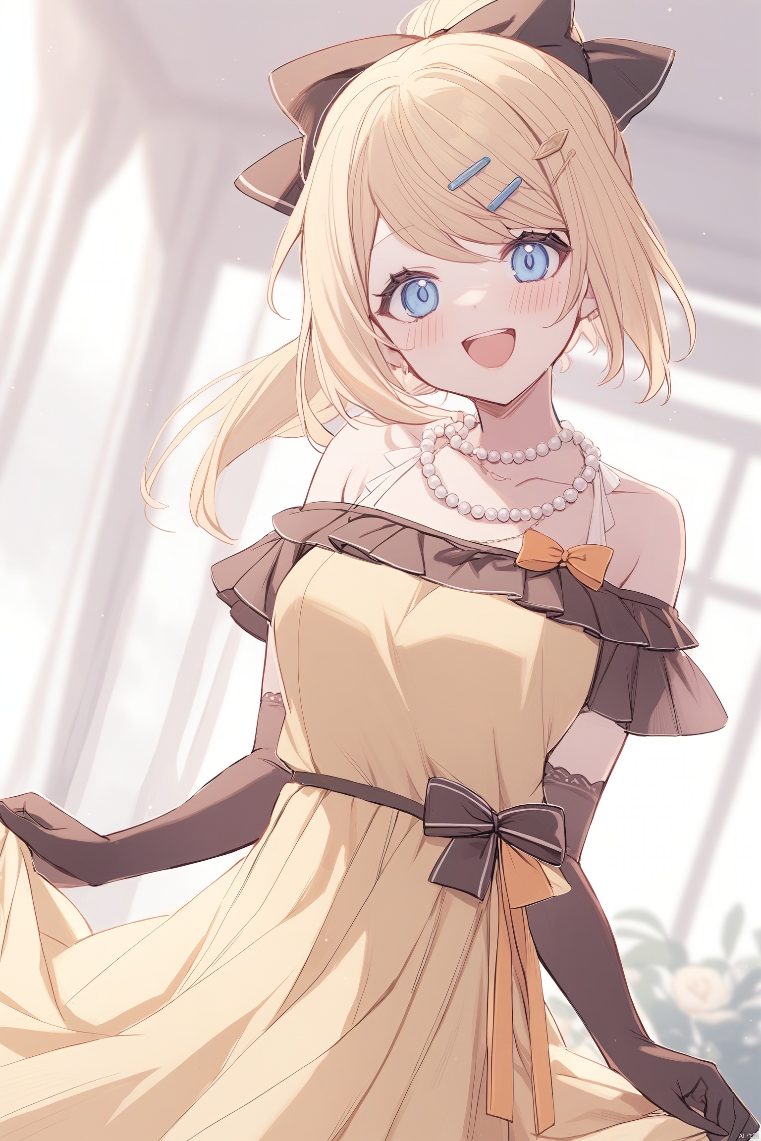 1girl, solo, looking at viewer, smile, open mouth, bangs, blue eyes, blonde hair, hair ornament, gloves, dress, bow, holding, bare shoulders, jewelry, ponytail, :d, frills, black gloves, hairclip, elbow gloves, indoors, necklace, black bow, swept bangs, instrument, skirt hold, orange bow, off-shoulder dress, music, yellow dress, singing, pearl necklace, kagamine rin