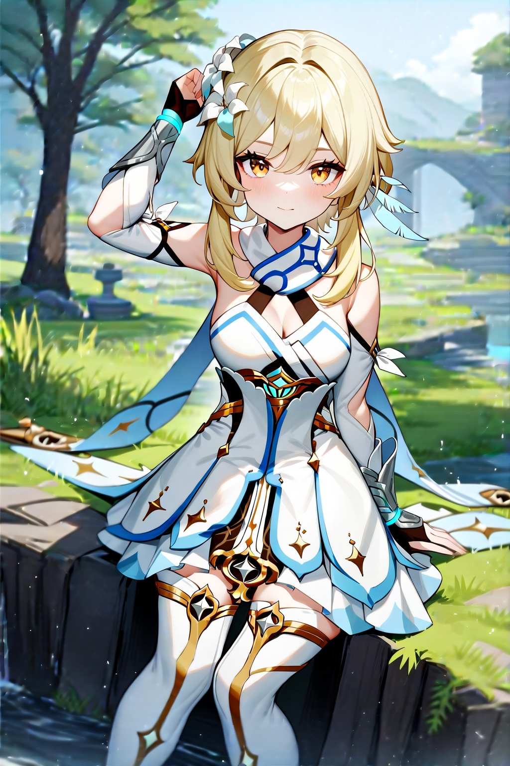 masterpiece,best quality,very aesthetic,absurdres,1girl,lumine \(genshin impact\),solo,dress,looking at viewer,detached sleeves,thigh boots,partially fingerless gloves,breasts,bare shoulders,white footwear,scarf,neck ruff,blonde hair,outdoors,<lora:lumine-000006:1>,arm up,nature,sitting,