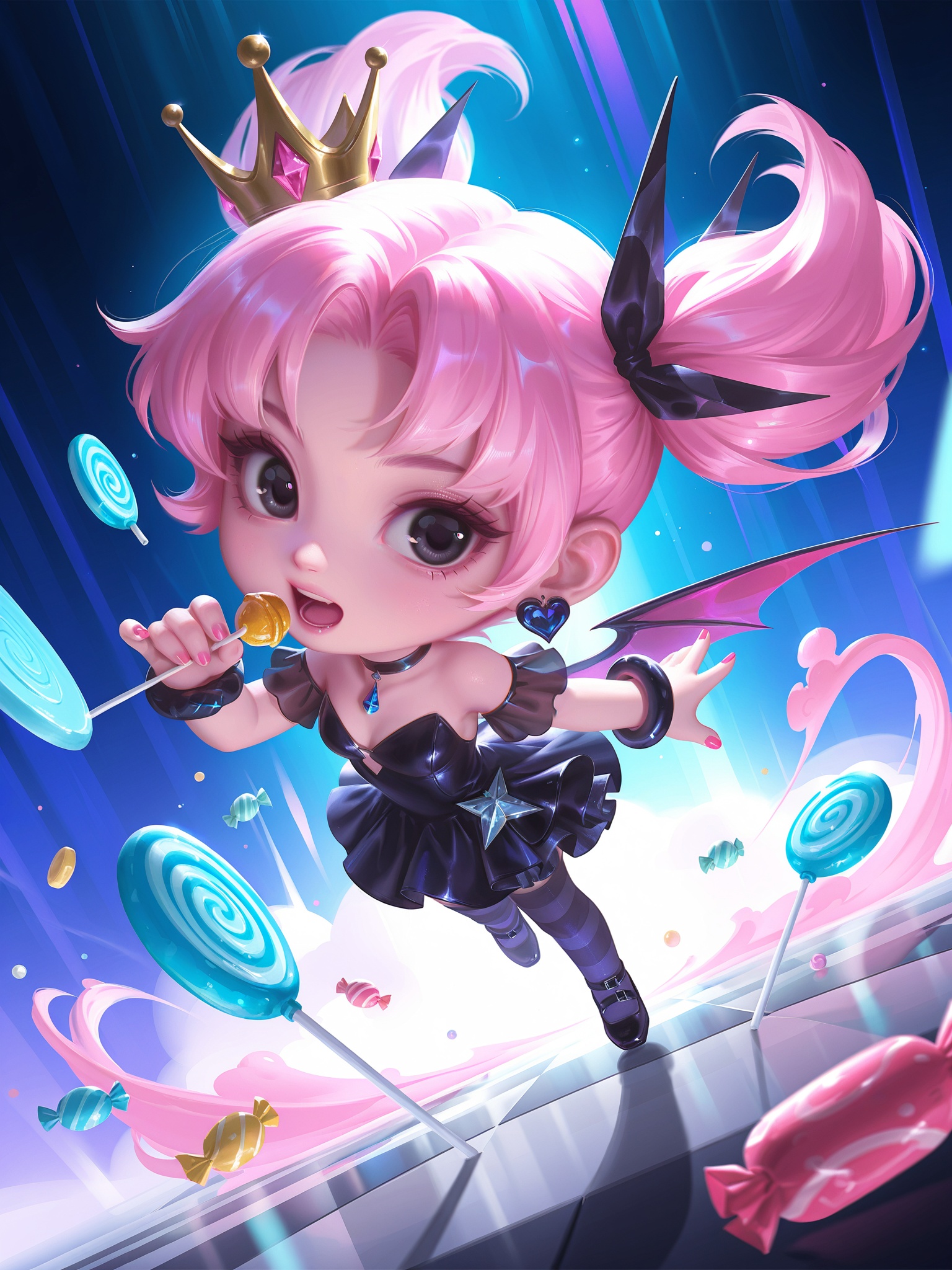 MLiang,best quality,chibi,BREAKMLiang Blake,1girl,candy,solo,food,lollipop,pink hair,twintails,crown,long hair,pink nails,open mouth,looking at viewer,holding,black eyes,nail polish,holding food,breasts,bangs,holding candy,upper body,eyelashes,holding lollipop,black dress,choker,BREAKbest-quality,masterpiece,[with a high-end texture],(extremely detailed CG unity 8k wallpaper,masterpiece),Dramatic Lighting,Ray Tracing,(8k resolution),best quality,absurdres,detailed shading,perspective,reoen,depth of field,absurdres,masterpiece,with a high-end texture,full body,mvery awe,aesthetically pleasing,masterpiece,best quality,amazing quality,very aesthetic,ultra-detailed,high resolution,8k,BREAK<lora:lolart-ill11-v5.1:0.35>,<lora:zhongguoduliu-v3-illustrious:0.35>,<lora:MLiang_园子-000008:0.9>,