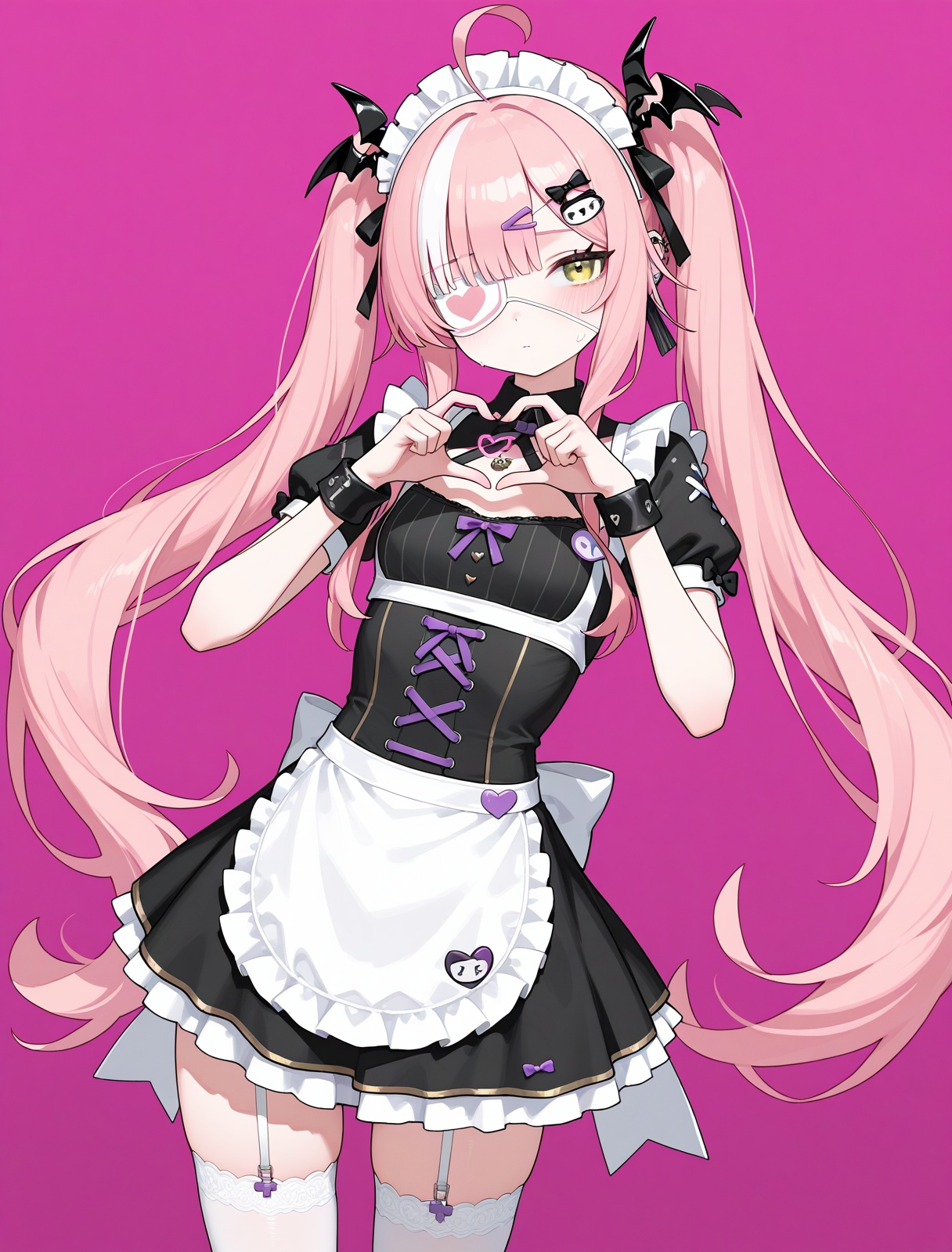 <lora:z47_IL_v2.0:1>,z47,eyepatch,solo,maid,heart hands, masterpiece,best quality,