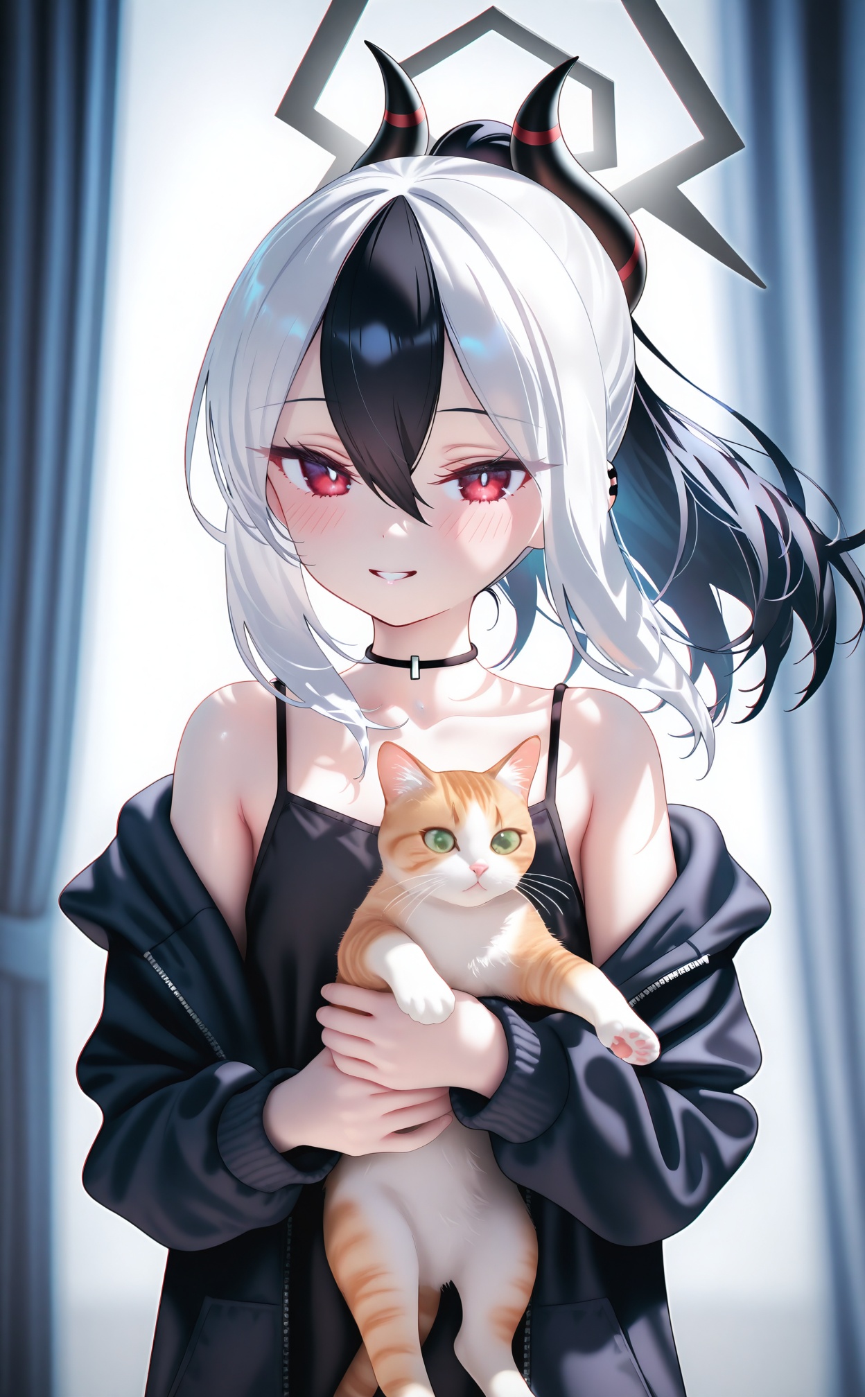 masterpiece,highres,absurdres,newest,best quality,high quality,loli,petite,chromatic_aberration,//,1girl, kayoko (blue archive), horns, cat, red eyes, black hair, halo, smile, multicolored hair, white hair, animal, holding, solo, jacket, ponytail, demon horns, looking at viewer, black choker, holding animal, hair between eyes, choker, hood, two-tone hair, upper body, long sleeves, black jacket, holding cat, **** top, black horns, grey halo, off shoulder, single bare shoulder, sidelocks, camisole, black hoodie, hoodie, collarbone, blurry, grin, blush, hooded jacket, black camisole, blurry background, curtains, parted lips//,official art,depth of field,detailed light,blurry background,cinematic lighting,ray tracing,ultra detailed,god rays,backlighting,photo background,film grain,chromatic aberration,volumetric lighting,depth of field,blurry background,shiny skin,floating hair,cinematic lighting,day,very aesthetic//,//,<lora:MAQ——【CKXL测试】hans:1>,