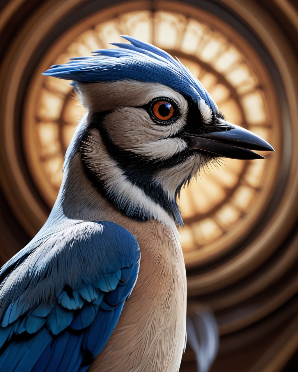 Stylized by J.C. Leyendecker and Mab Graves, a close-up rendering of a Blue Jay utilizing 3D rendering techniques, capturing the essence of Black lighting and Orton effect. This handsome portrayal, with cinematic atmosphere and highly detailed composition, radiates a pure and luxurious aesthetic. Absurdres, ultra realistic, professional lightningmany details, extreme detailed, full of details,Wide range of colors., Dramatic,Dynamic,Cinematic,Sharp detailsInsane quality. Insane resolution. Insane details. Masterpiece. 32k resolution.