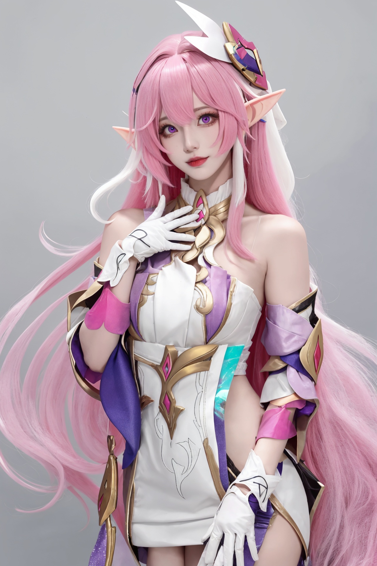 <lora:爱莉:0.75>,elysia cosplay,pink hair,long hair,dress,white dress,bare shoulders,elysia \(honkai impact\),gloves,white gloves,bangs,bar censor,hair ornament,censored,elf,pink eyes,, 1girl,,  (masterpiece,best quality:1.2),absurdres