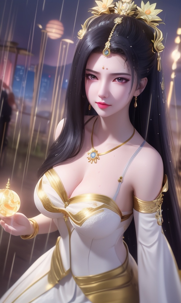 (,1girl, ,best quality, ),looking at viewer, <lora:404-DA-仙逆-凤栾:0.8> ,, ,masterpiece, (( , )),,ultra realistic 8k cg, ,tamari \(flawless\),     ,building, bare_shoulders,cleavage cutout, eyelashes,magic,hydrokinesis,sweat, wet, rain, ,       (()), (), 