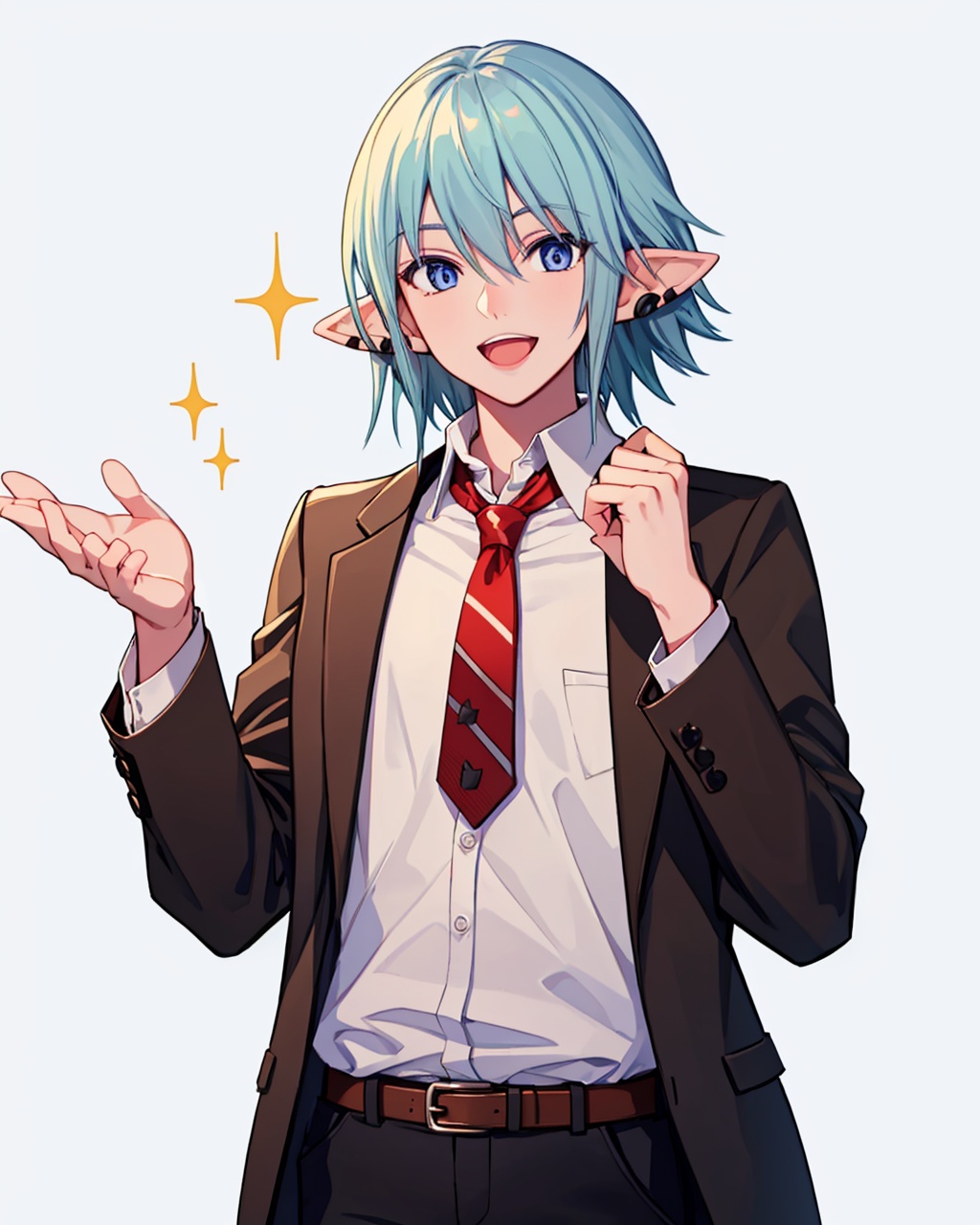 masterpiece,best quality, highly detailed, haurchefant greystone,1boy, solo, male focus, white background, simple background, smile, sparkle, elezen, looking at viewer, open mouth, brown jacket, earrings, white shirt, collared shirt, necktie, hand up, open clothes, pants, long sleeves,<lora:haurchefant_greystone:1>