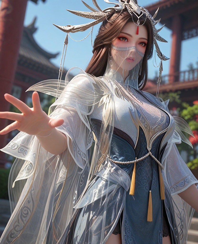 (oriental architecture, elegant decor, sophisticated style:1.1),(Standing with arms stretched upwards, reaching for the sky,:1.1),(breasts:1.2),<lora:XL百炼成神玉婆婆:0.9>,miss yupopo,long hair,veil,black hair,hair ornament,dress,mouth veil,brown eyes,see-through,jewelry,, zPDXL2, score_9, score_8_up, score_7_up BREAK realistic, masterpiece,best quality, highly detailed,, zPDXL3, zPDXL2,zPDXL, zPDXLxxx, zPDXLrl,